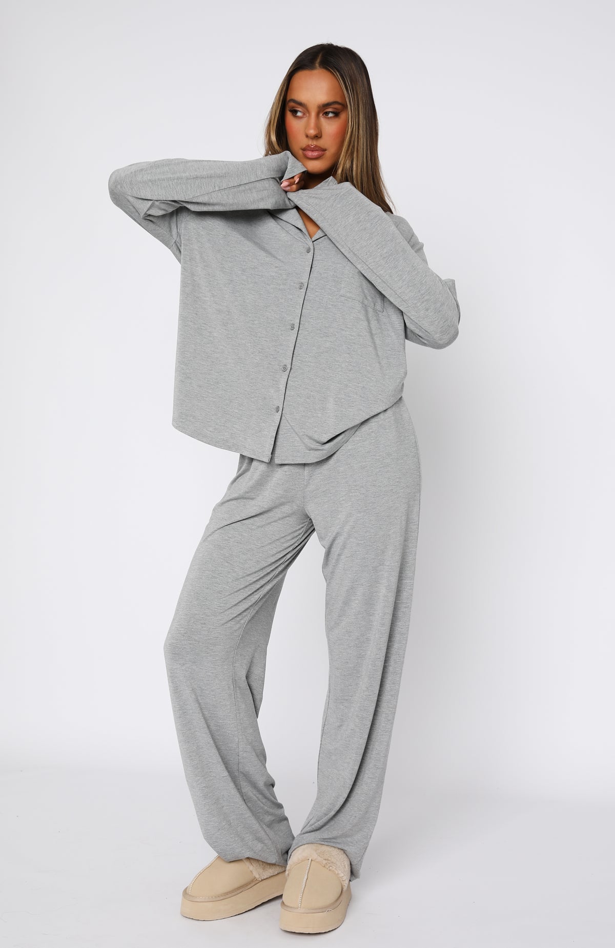Pillow Talk Long Sleeve Pyjama Set Grey Marle | White Fox Boutique