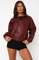 Might Cause Trouble PU Bomber Jacket Burgundy