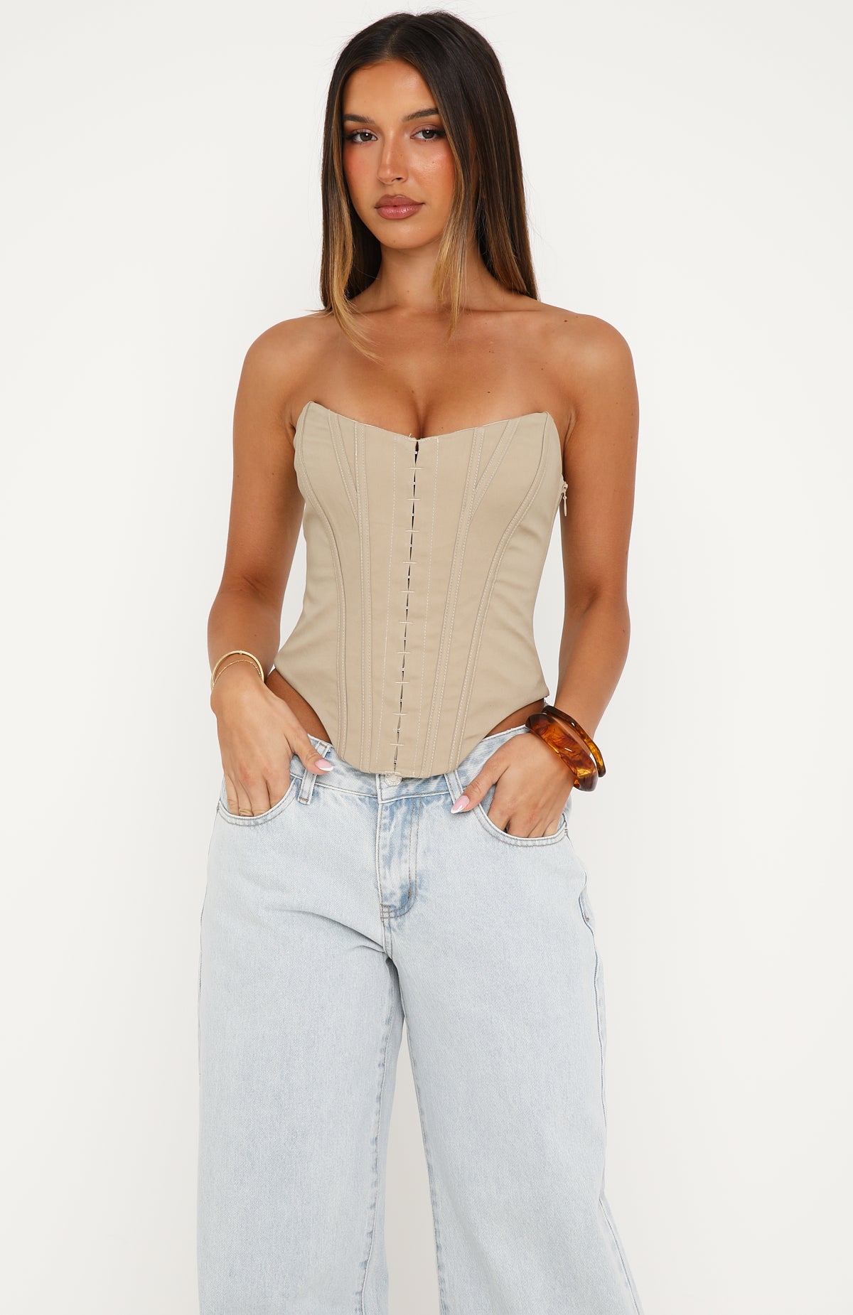 Stripe Nights Strapless Bustier Taupe | White Fox Boutique