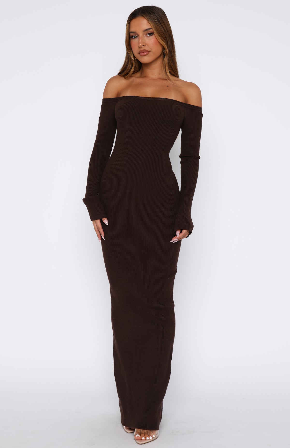 Star Studded Long Sleeve Knit Maxi Dress Chocolate | White Fox Boutique