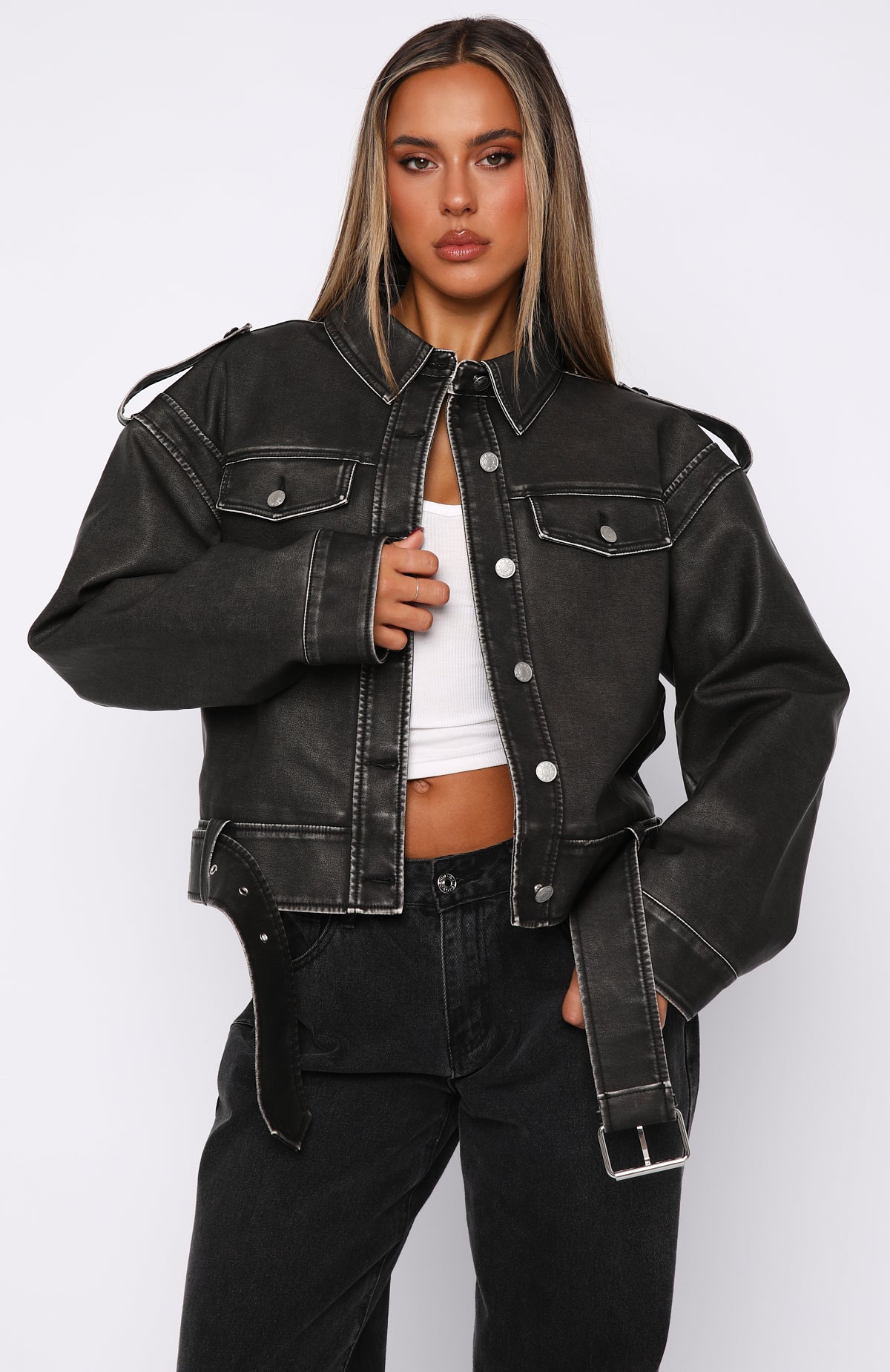 In This World PU Biker Jacket Charcoal Wash | White Fox Boutique