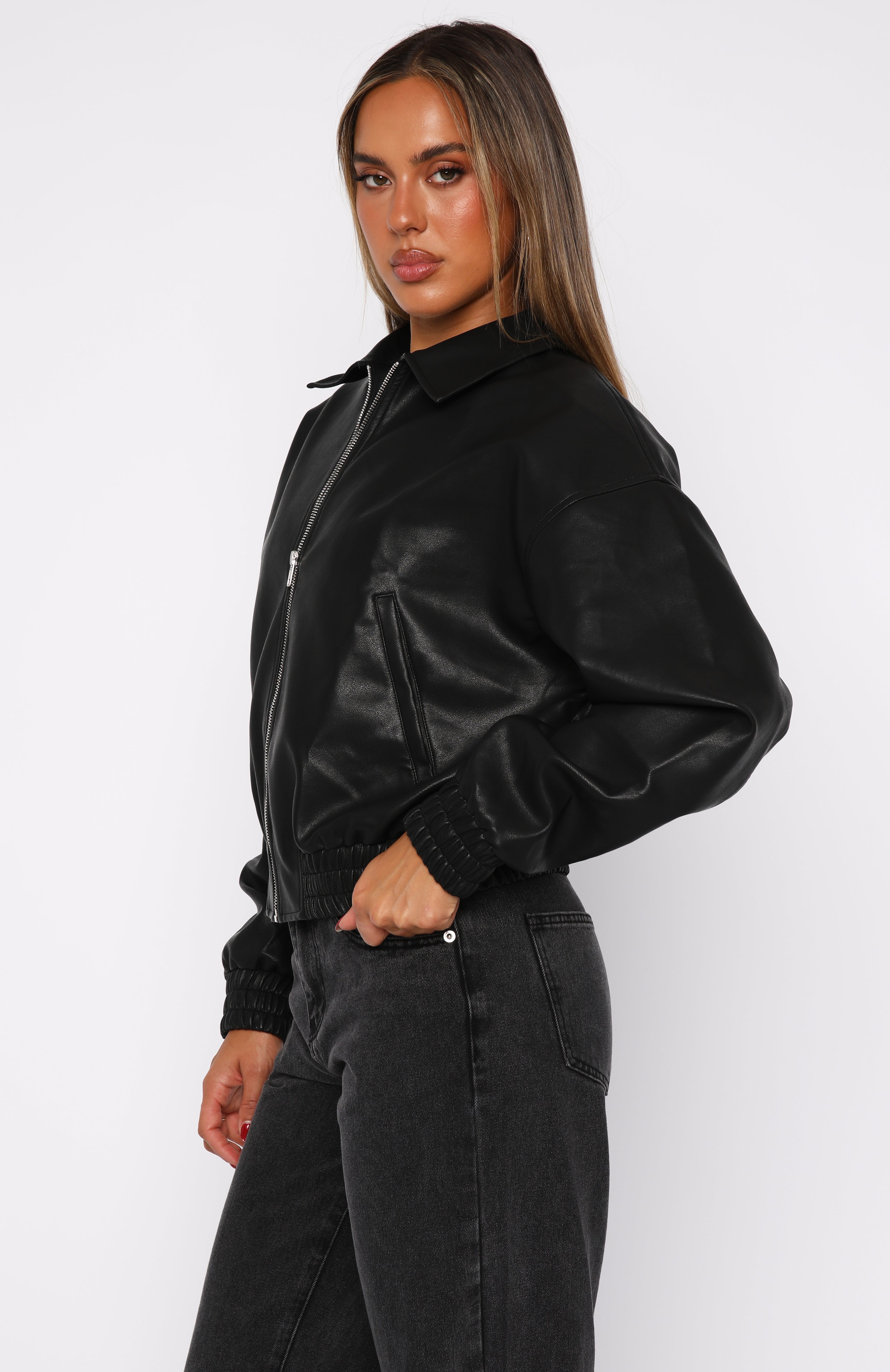 Might Cause Trouble PU Bomber Jacket Black | White Fox Boutique Might Cause Trouble PU Bomber Jacket Black | White Fox Boutique