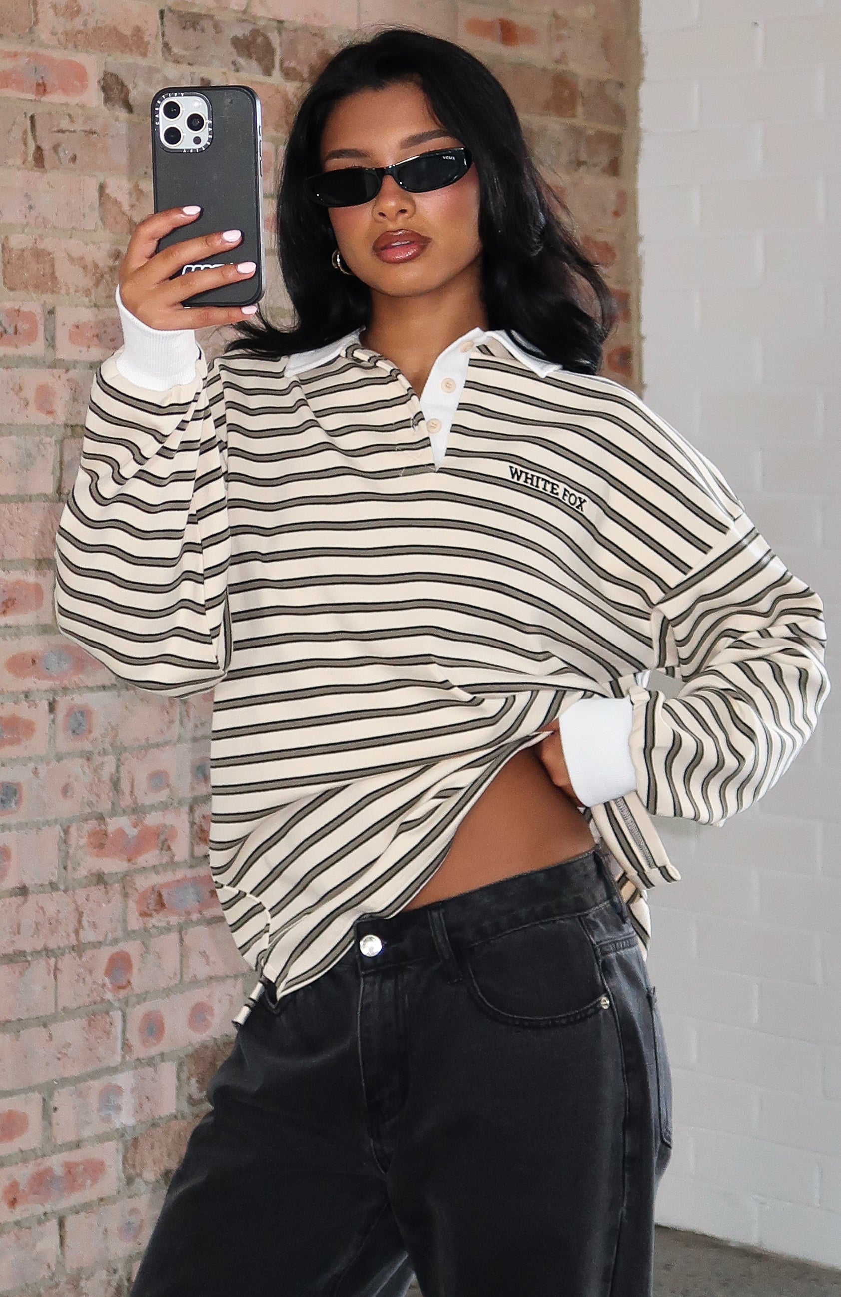 Out Again Long Sleeve Rugby Shirt Cream/Olive Stripe | White Fox