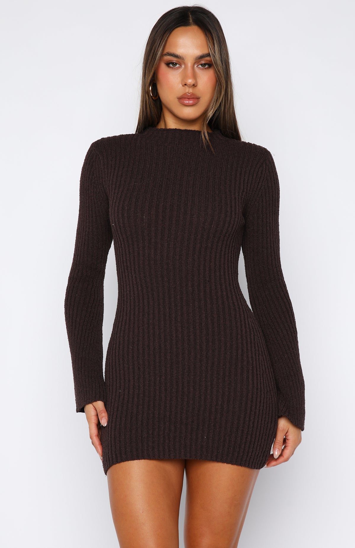 Get On Down Long Sleeve Knit Mini Dress Chocolate | White Fox Boutique