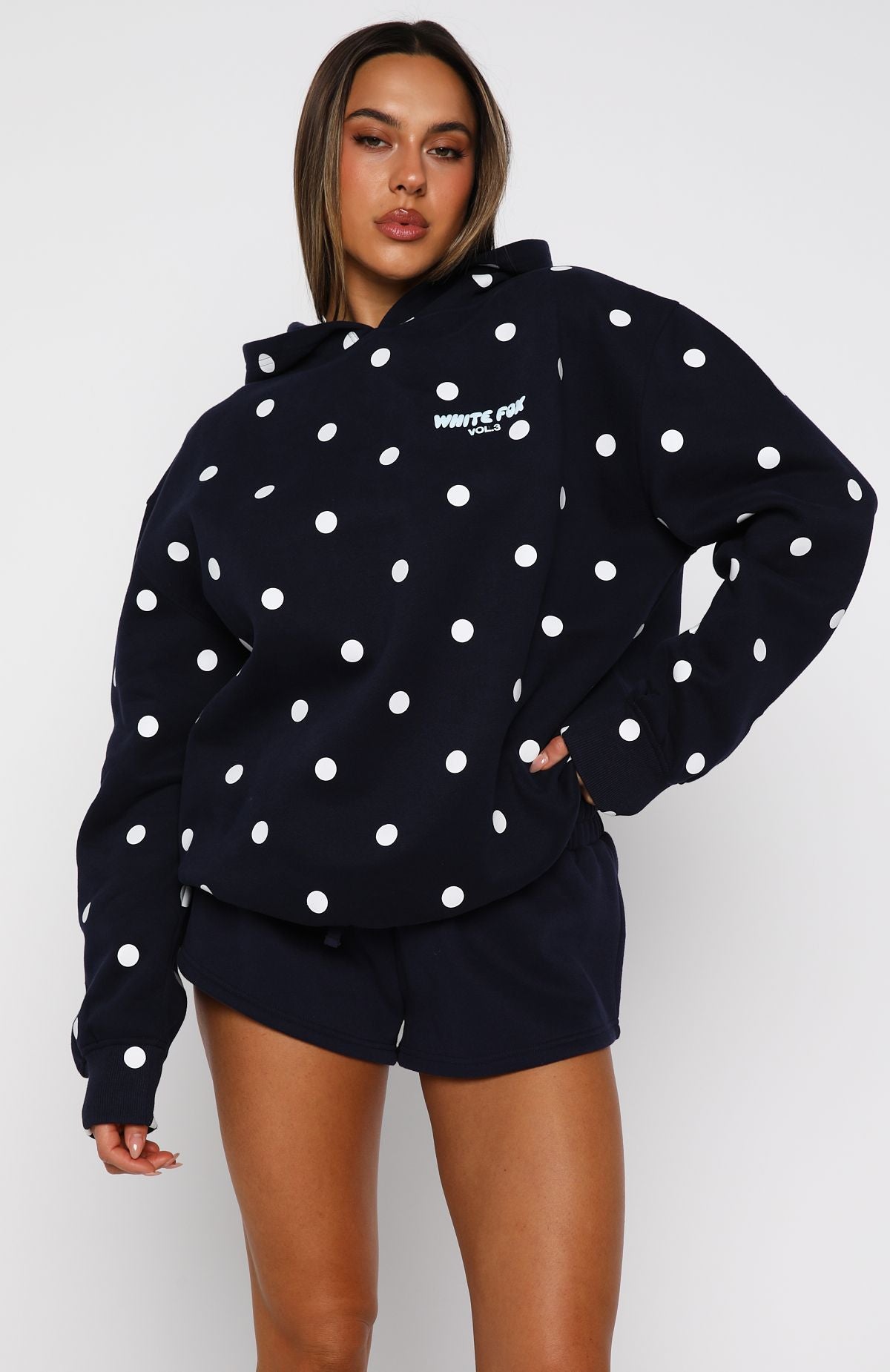 Offstage Printed Oversized Hoodie Navy Polka Dot | White Fox Boutique