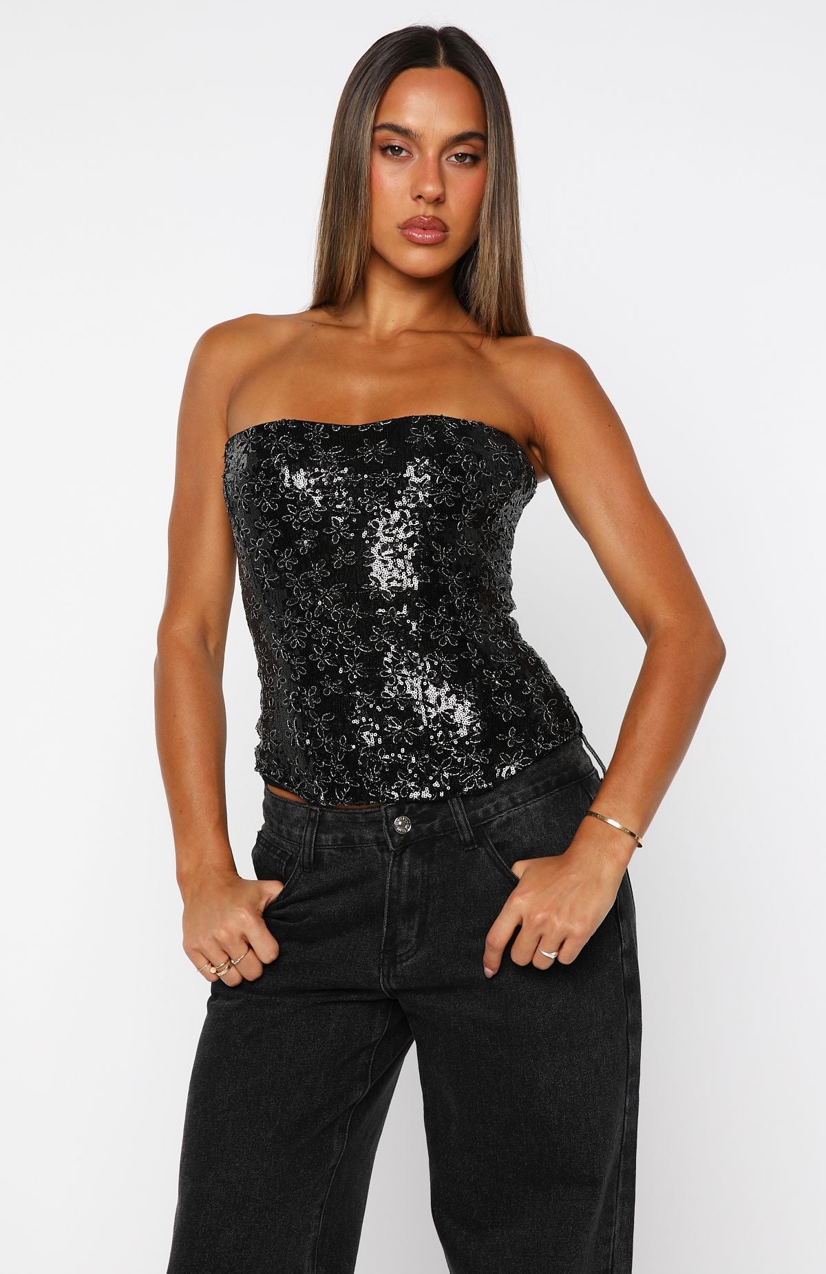 Paint The Sky Strapless Bustier Black | White Fox Boutique