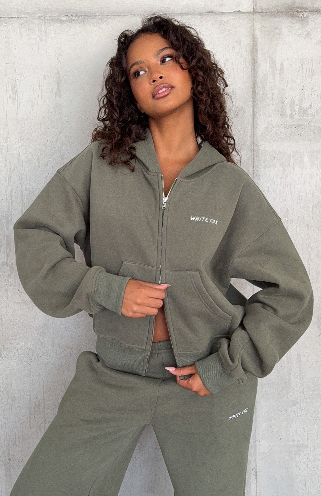 Test Drive Boxy Zip Front Hoodie Khaki | White Fox Boutique