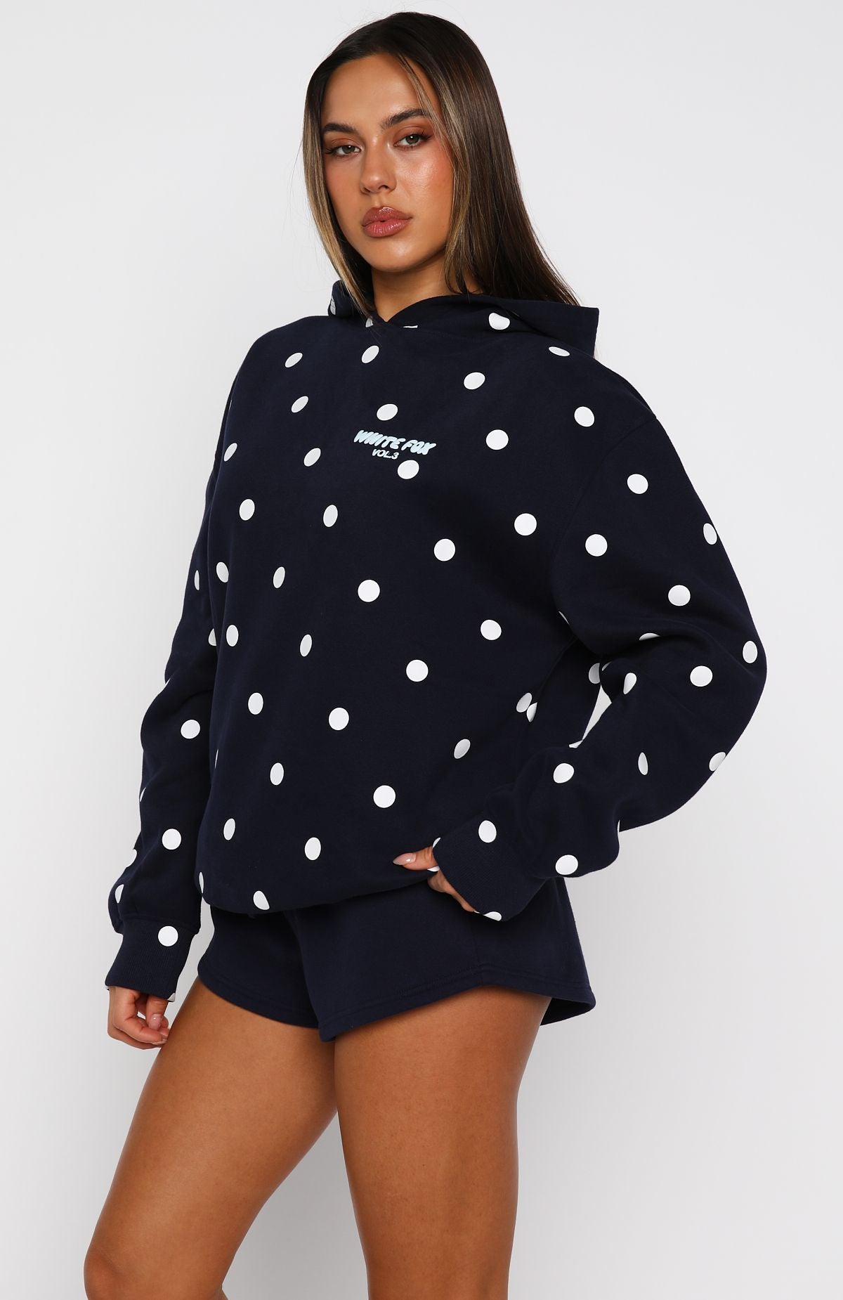 Offstage Printed Oversized Hoodie Navy Polka Dot | White Fox Boutique