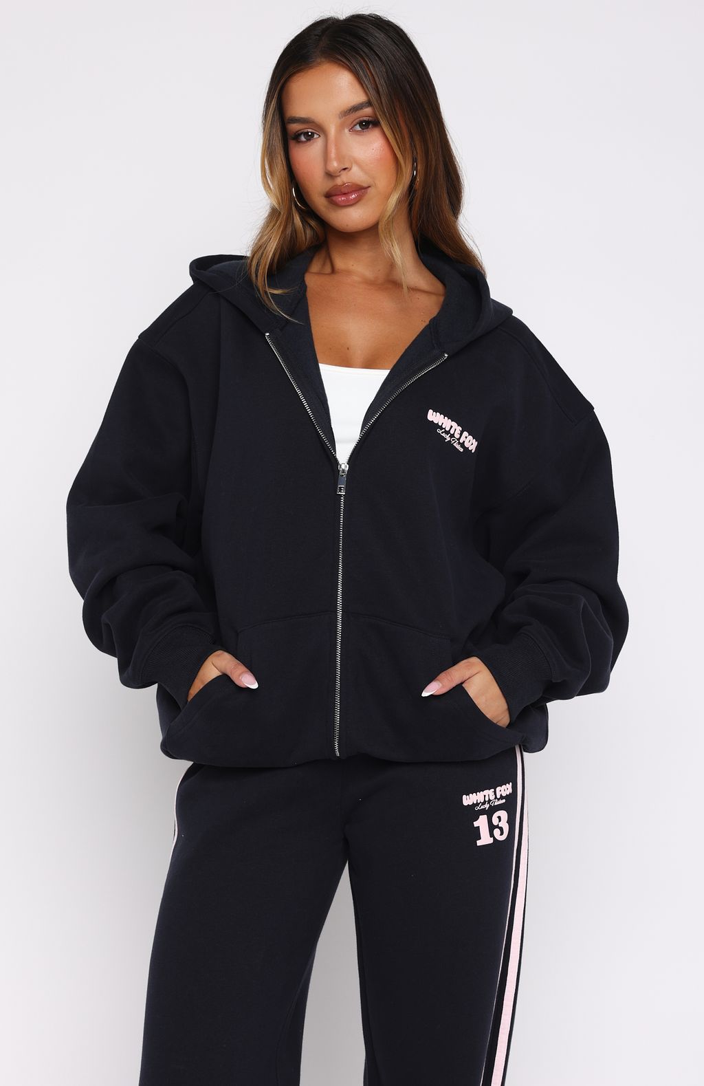 Simply Complicated 初期 LOUNGE HOODIE Lucky Thirteen Charise Zip Front Hoodie Navy | White Fox Boutique