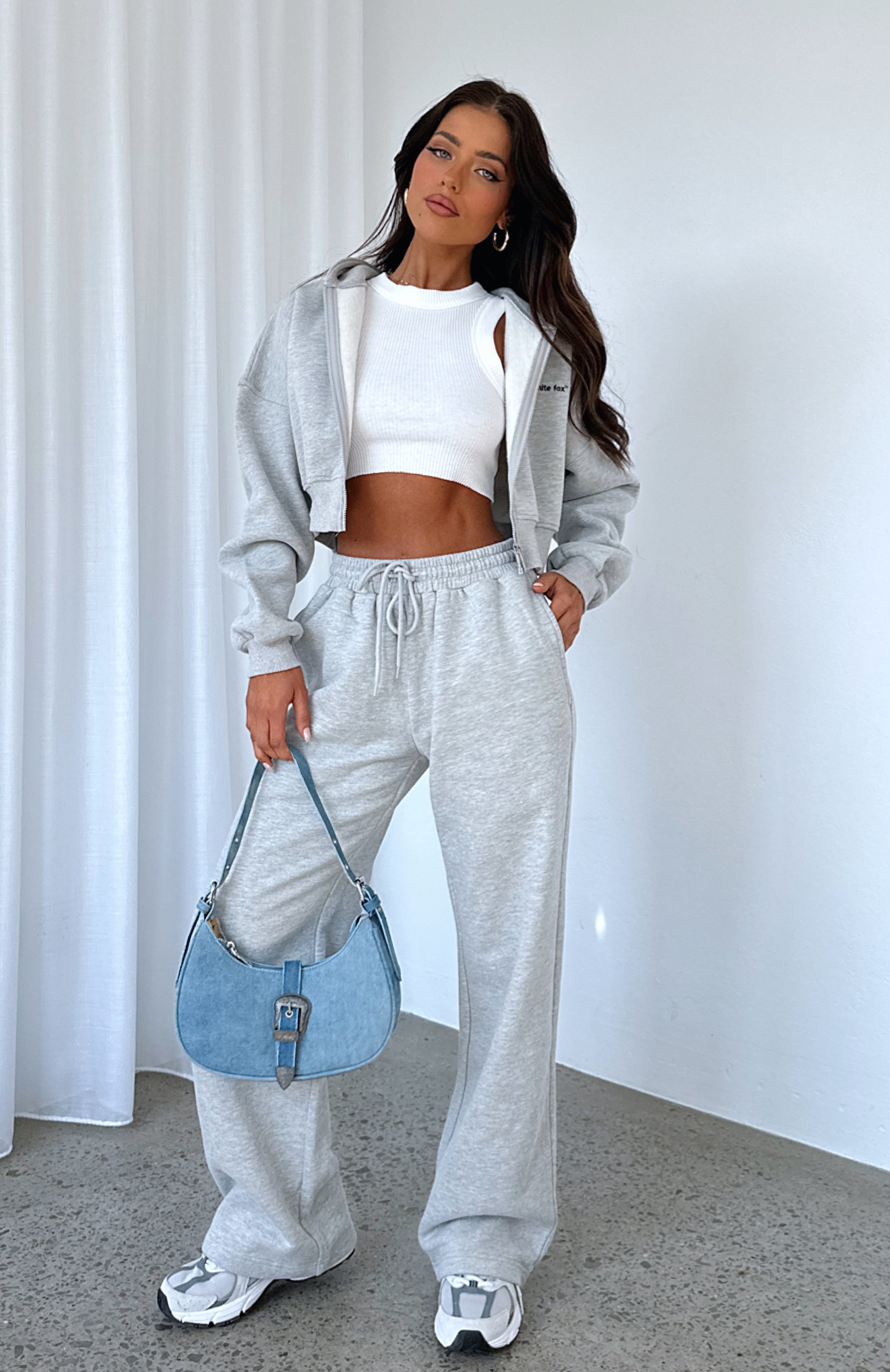 Wide Leg Joggers And Ribbed Top Lounge Set Grey