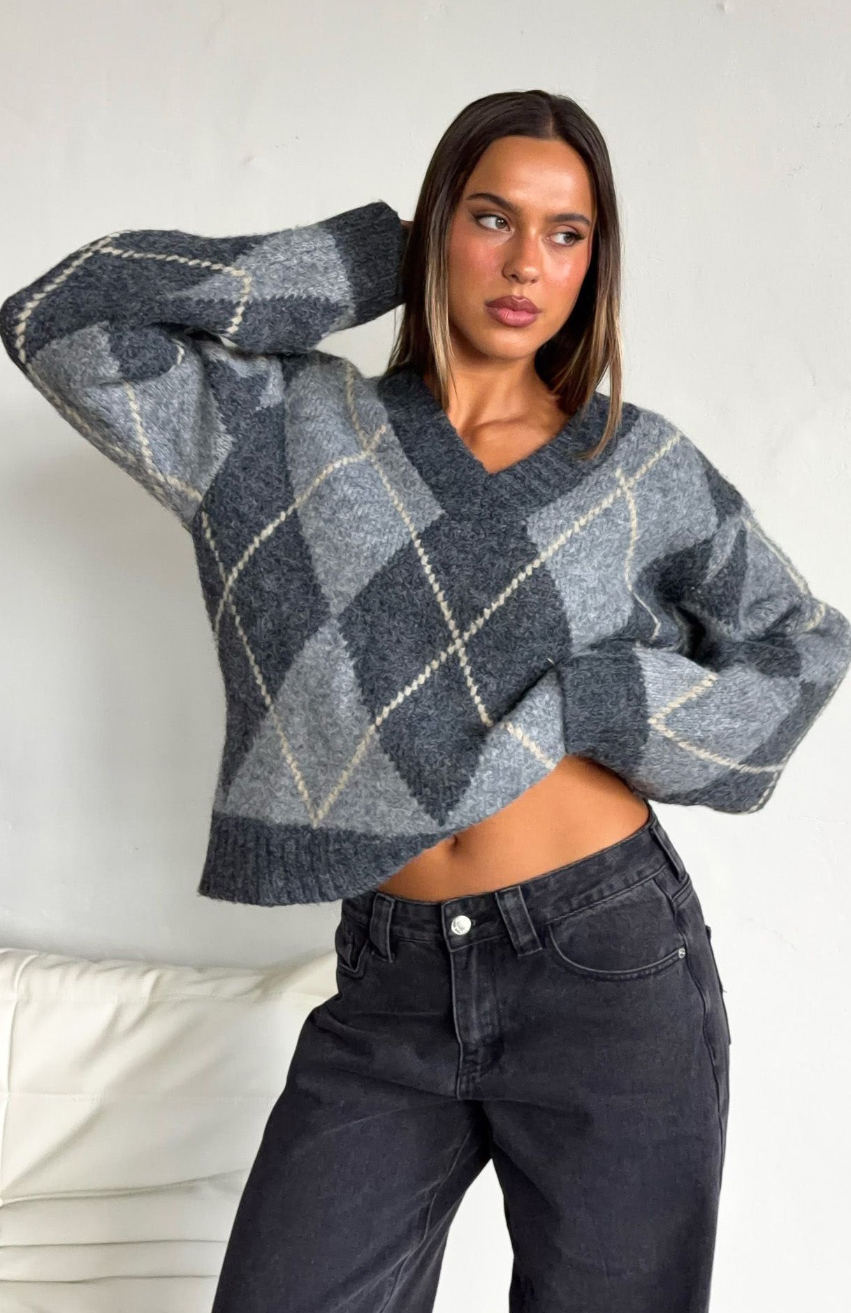 Daniela Argyle Knit Sweater Charcoal | White Fox Boutique