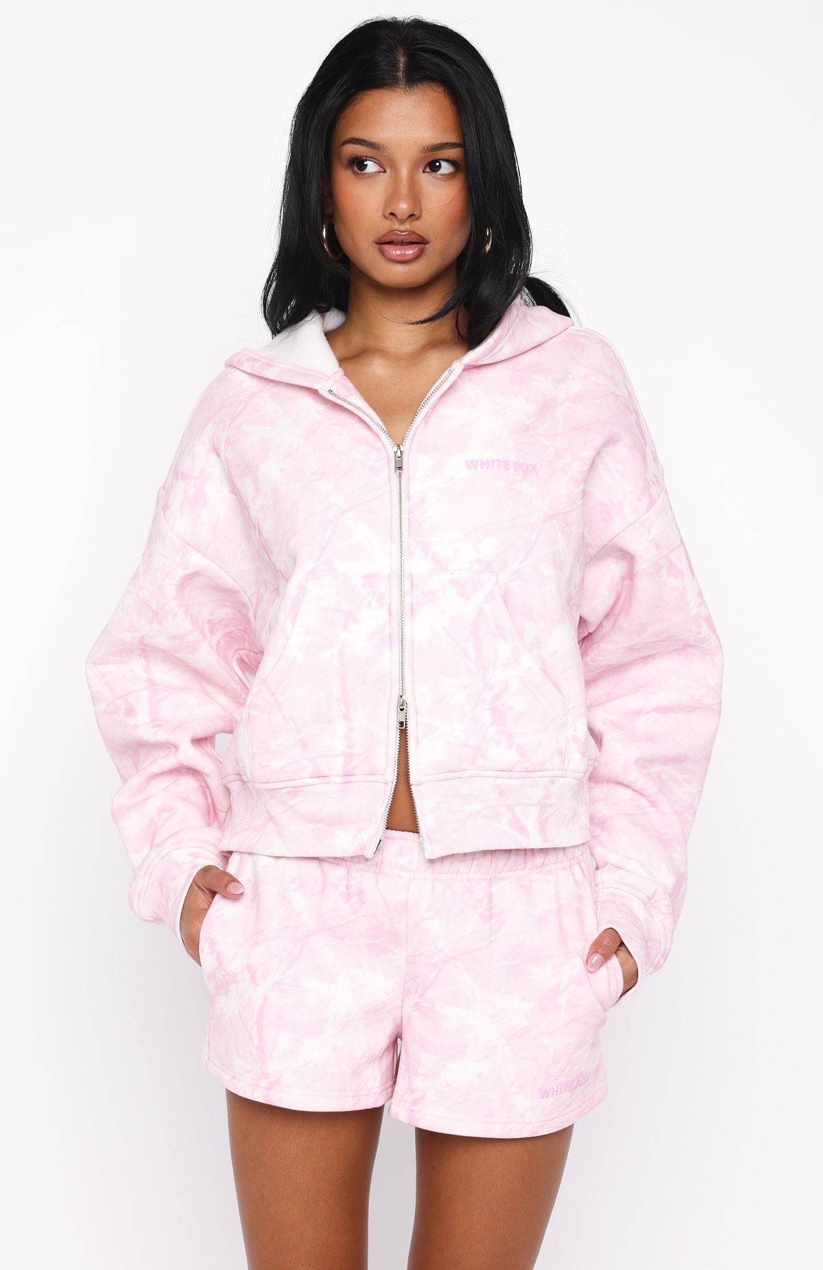 Hiding Away Boxy Zip Front Hoodie Pink Camo | White Fox Boutique
