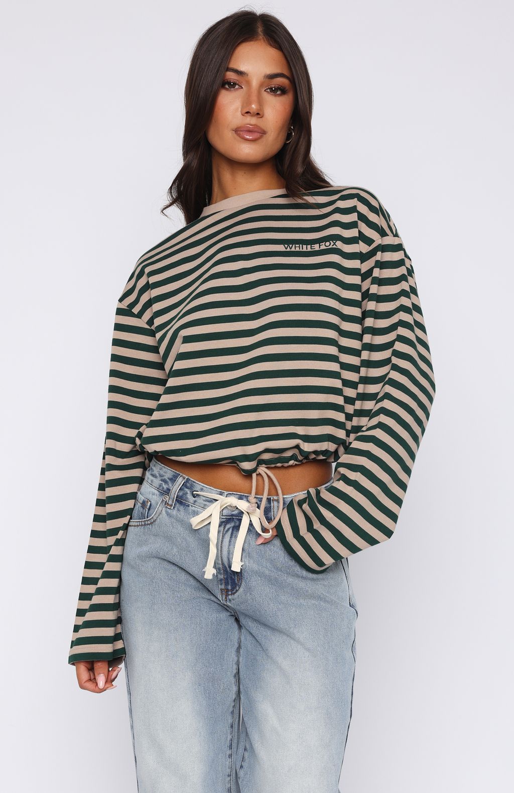 First Time Here Long Sleeve Tee Green/Tan Stripe | White Fox Boutique