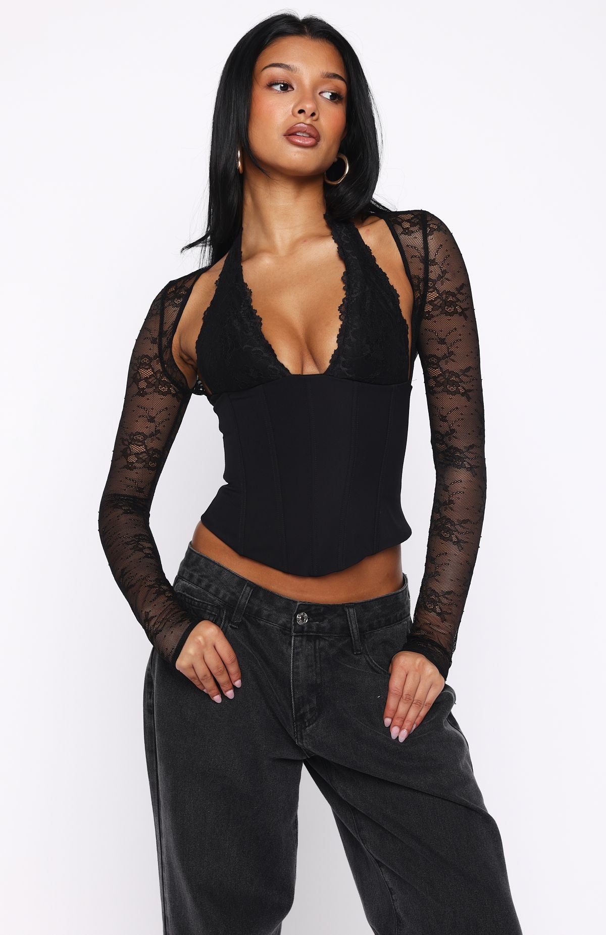 Never Walk Alone Long Sleeve Bustier Black | White Fox Boutique