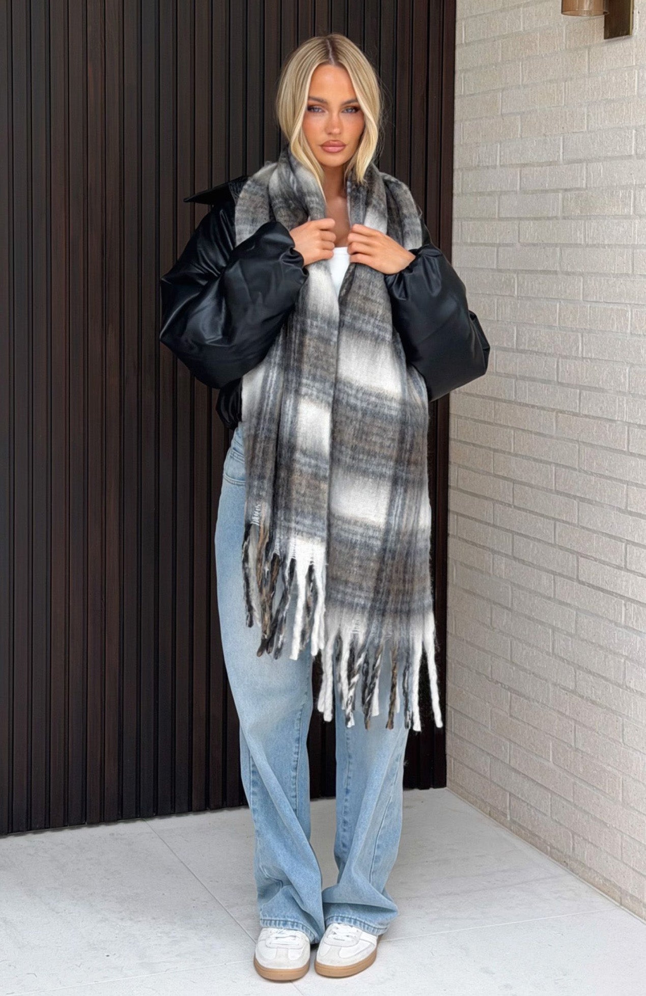 Farley Scarf Cappuccino Plaid | White Fox Boutique