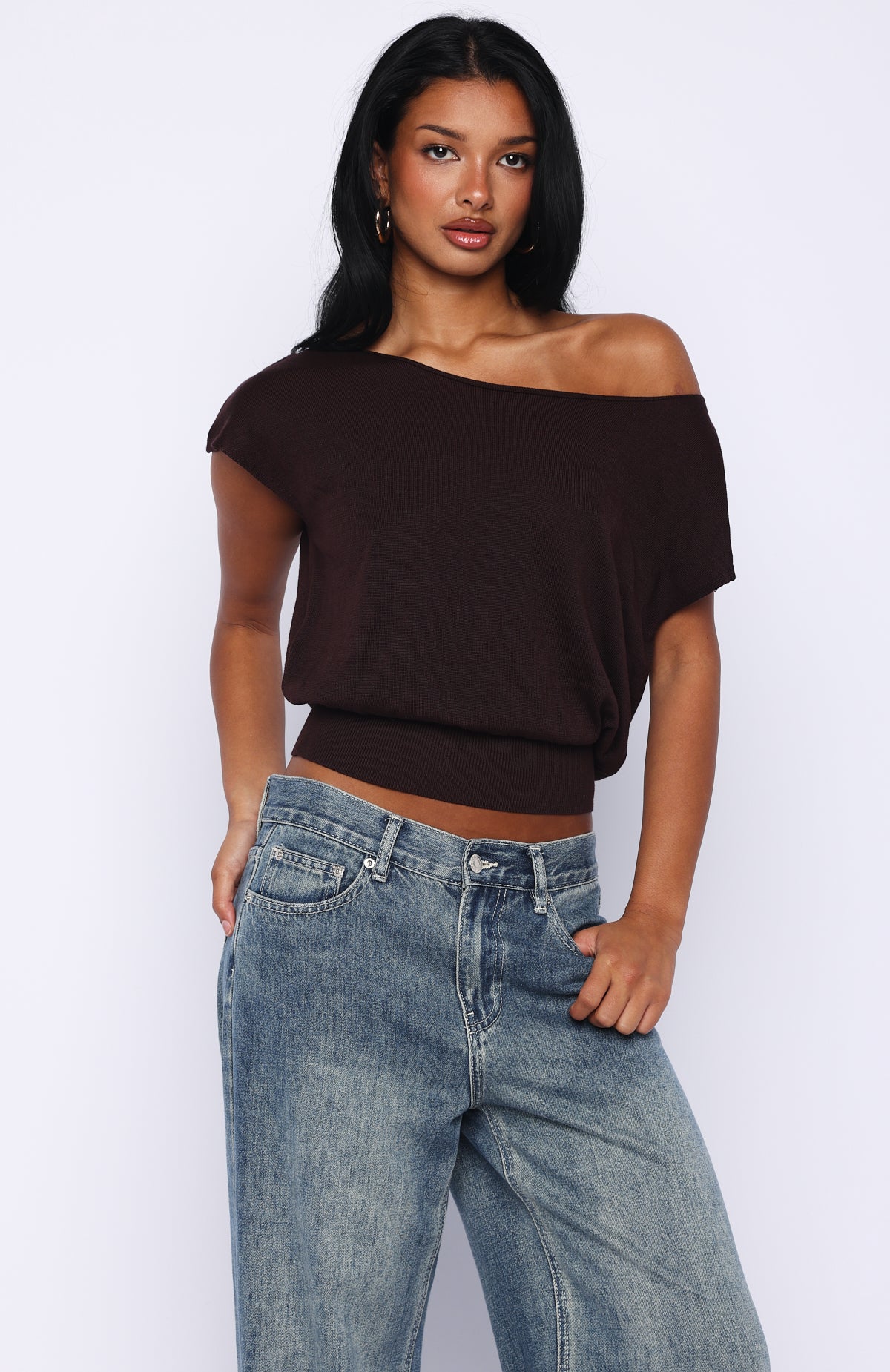 Can't Change My Mind Off Shoulder Cinched Top Chocolate | White