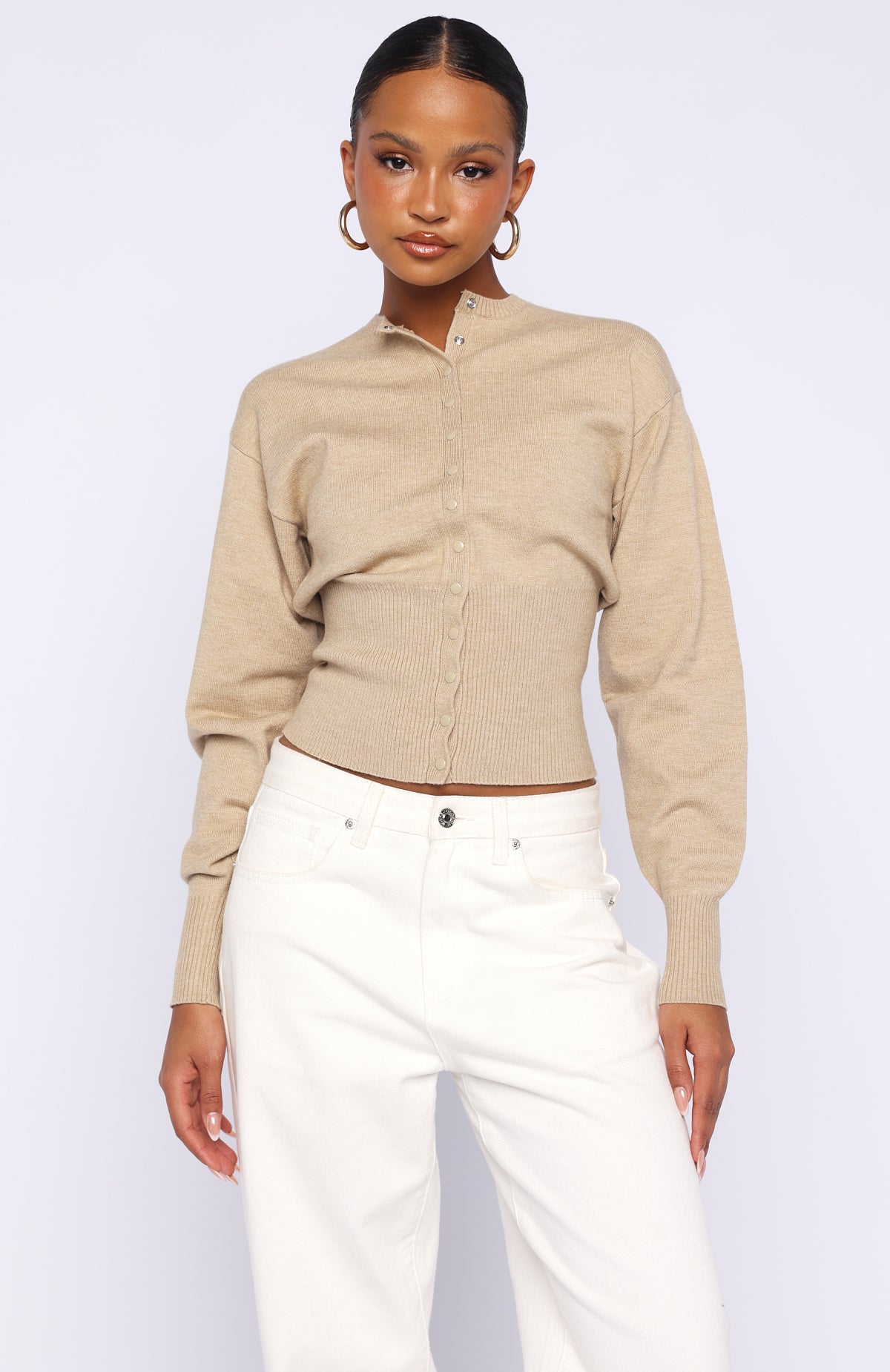 Cindy Cinched Knit Top Beige | White Fox Boutique