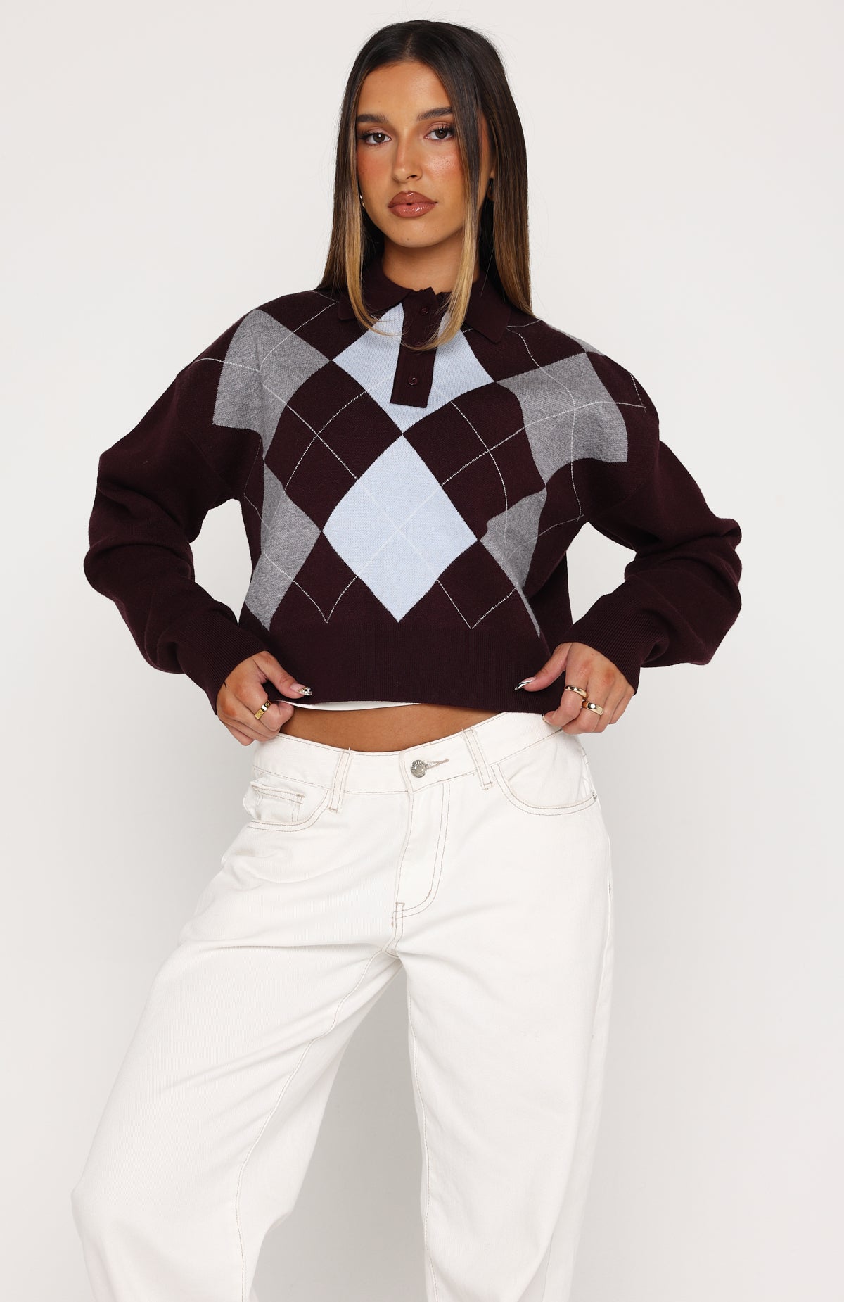 Cinzia Argyle Knit Sweater Mulled Merlot | White Fox Boutique