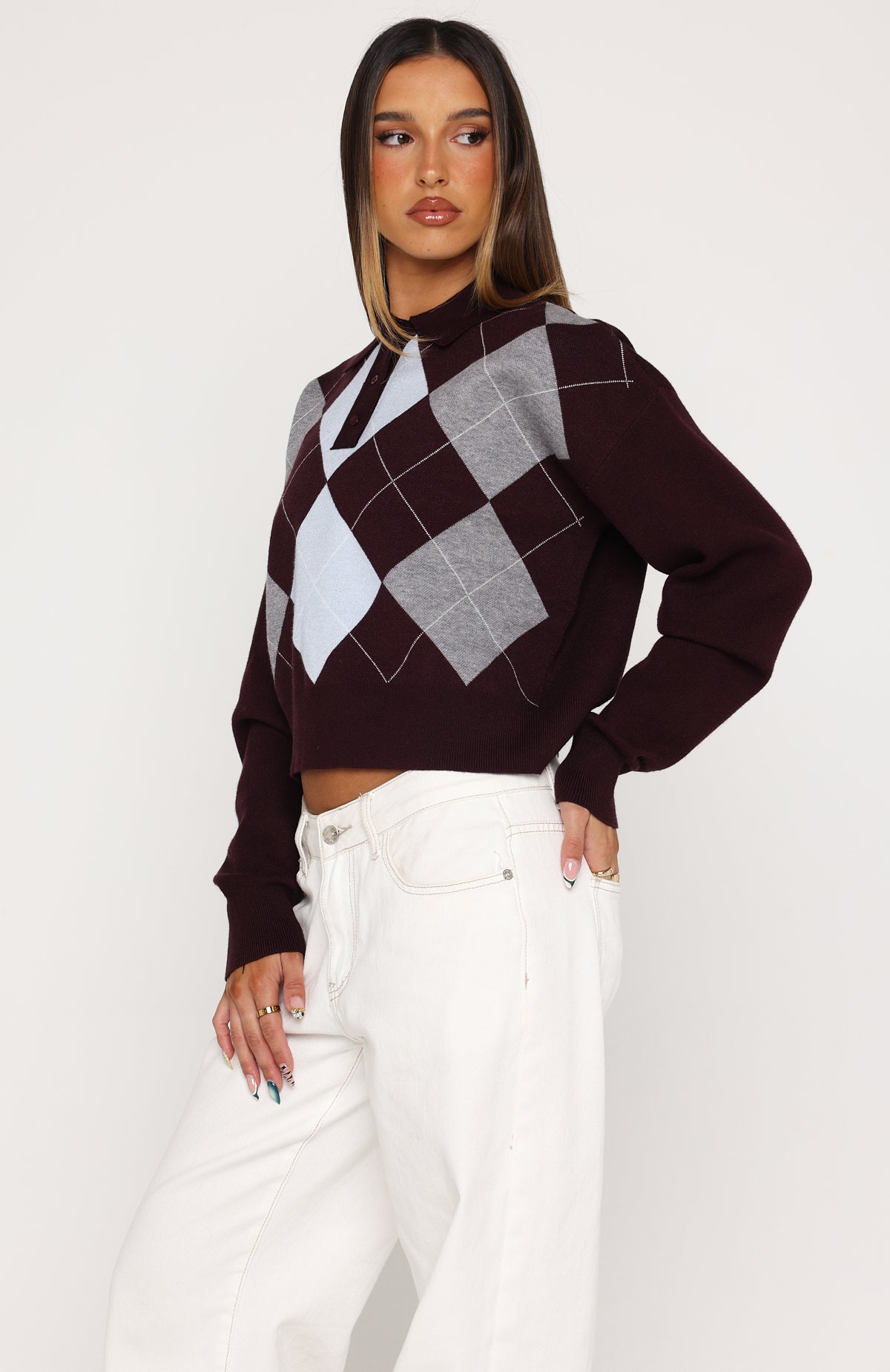 Cinzia Argyle Knit Sweater Mulled Merlot | White Fox Boutique