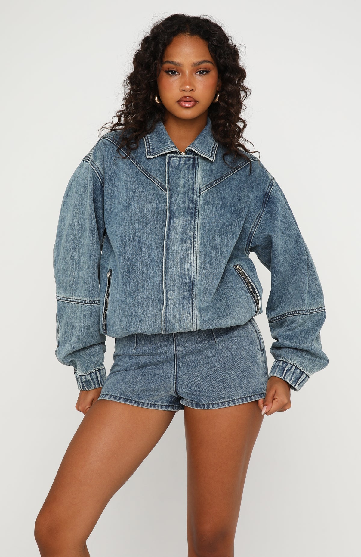 Cooler Than You Denim Bomber Jacket Brown Blue Acid Wash | White