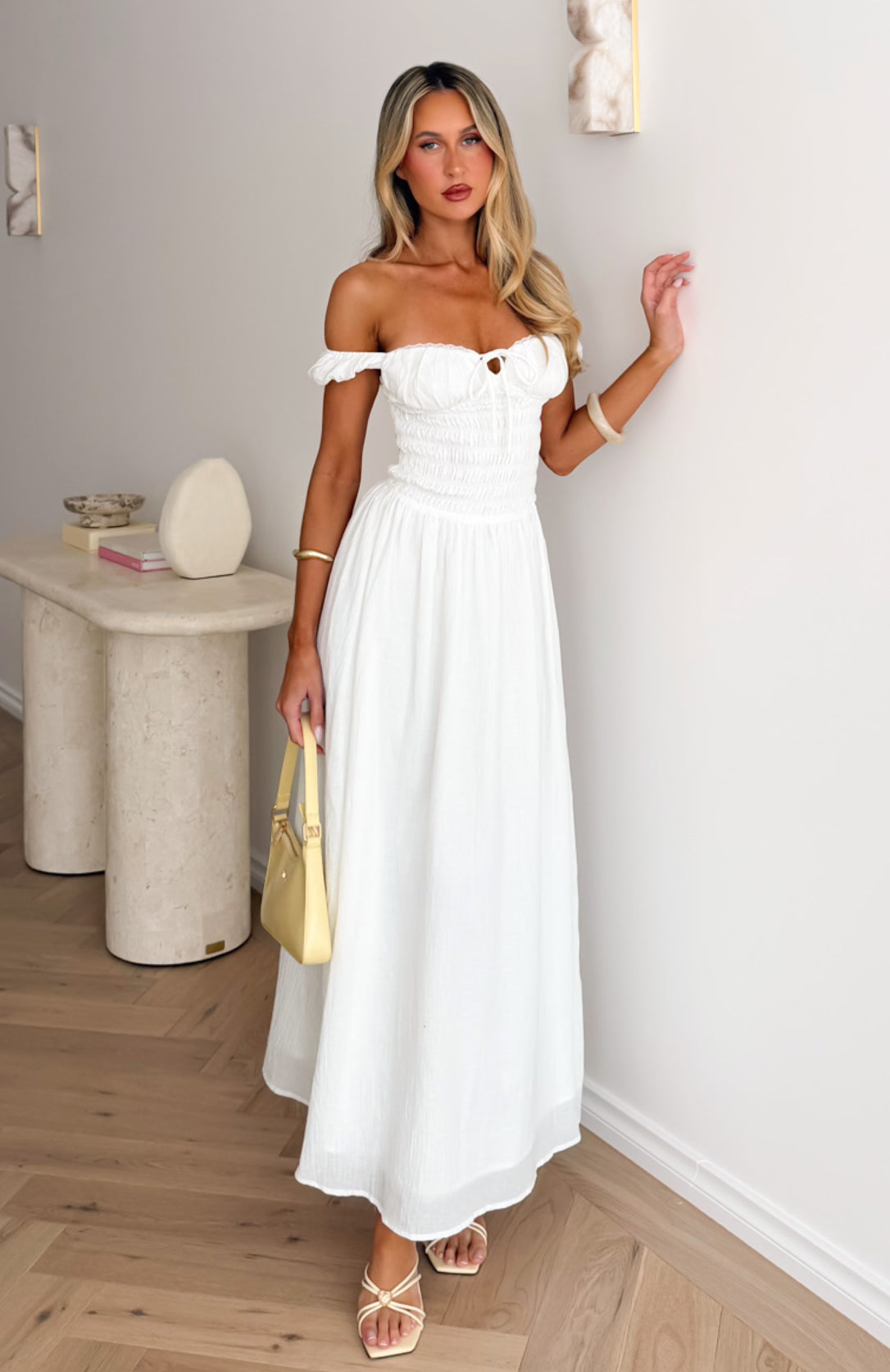 off shoulder maxi white dress High Views Off Shoulder Maxi Dress White