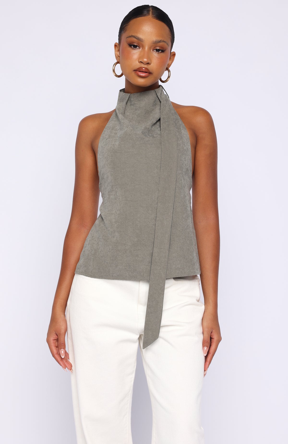 トップス S clip halter tops flare gray Grey Halter Neck Top Supersoft | Ally Fashion