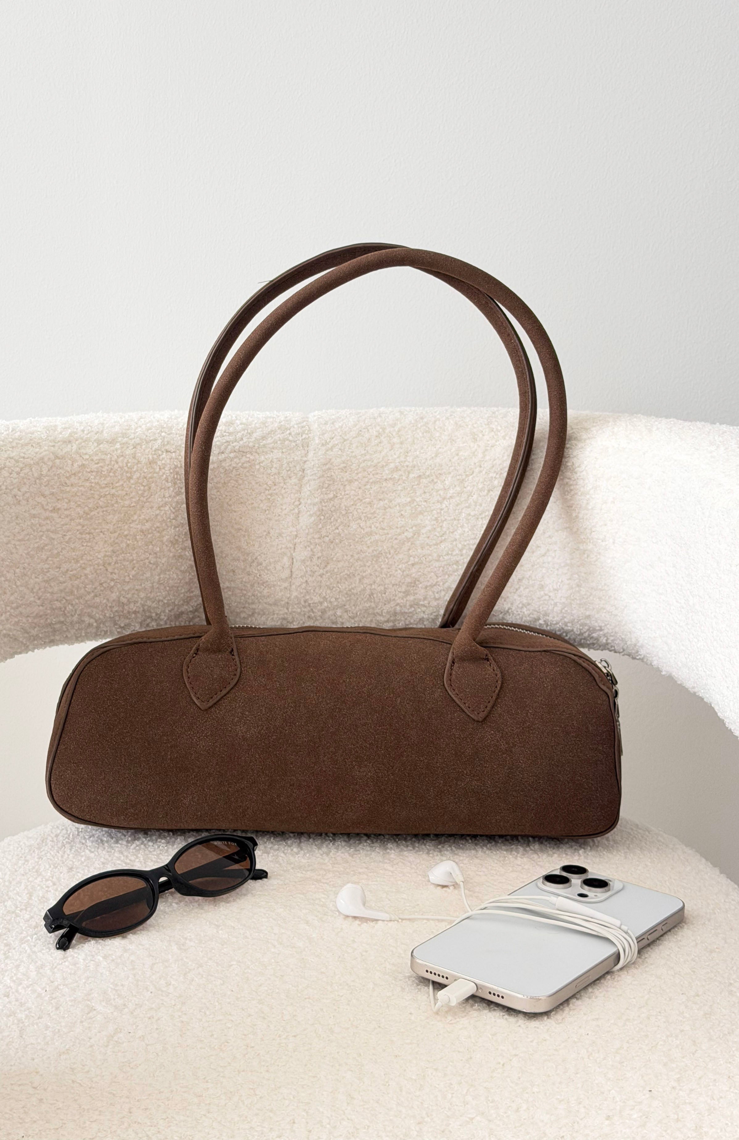 Jaina Shoulder Bag Chocolate Faux Suede | White Fox Boutique