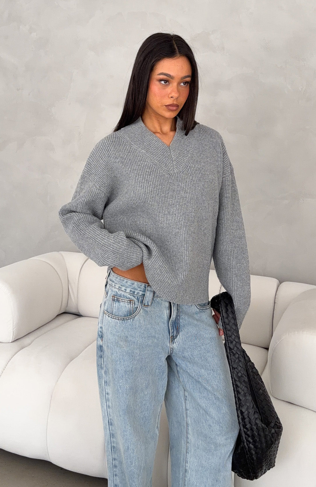 Luzia V Neck Knit Sweater Grey | White Fox Boutique