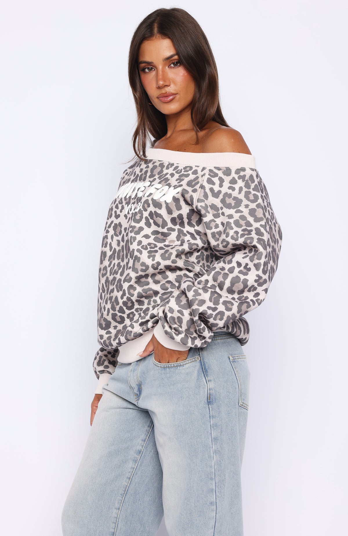 Offstage Printed Off Shoulder Sweater Leopard | White Fox Boutique