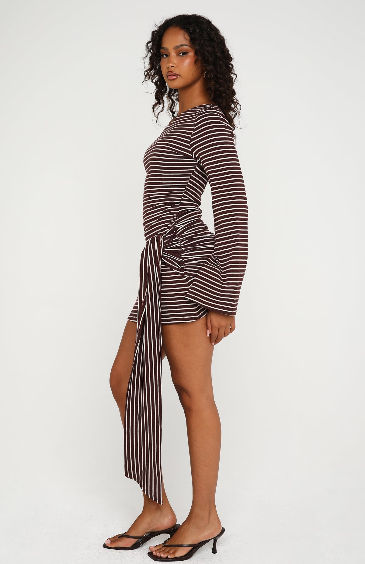 On Her Throne Off Shoulder Long Sleeve Mini Dress Chocolate/Marle Stri