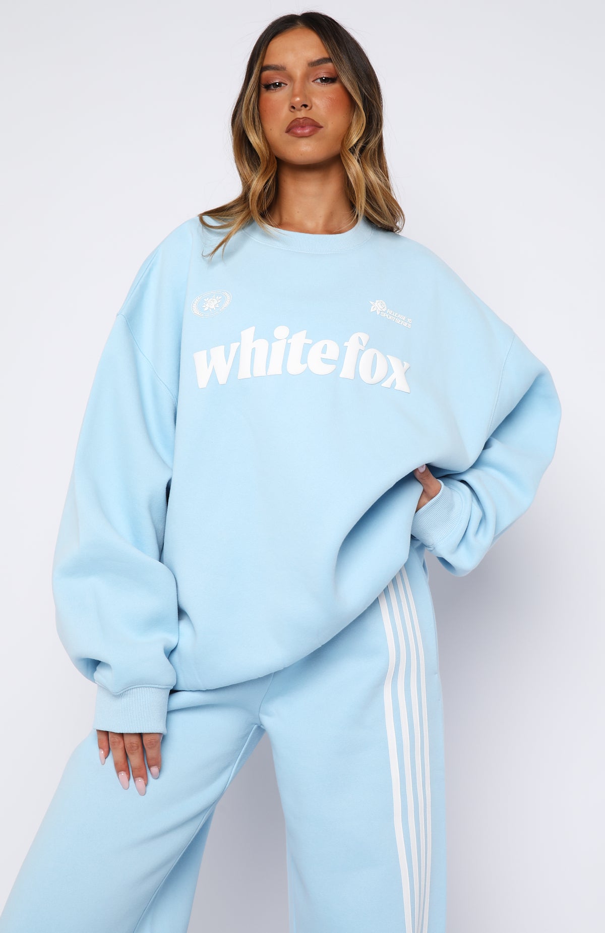 type I drop white×baby blue stina S Release 15 Janie Oversized Drop Shoulder Sweater Blue | White Fox