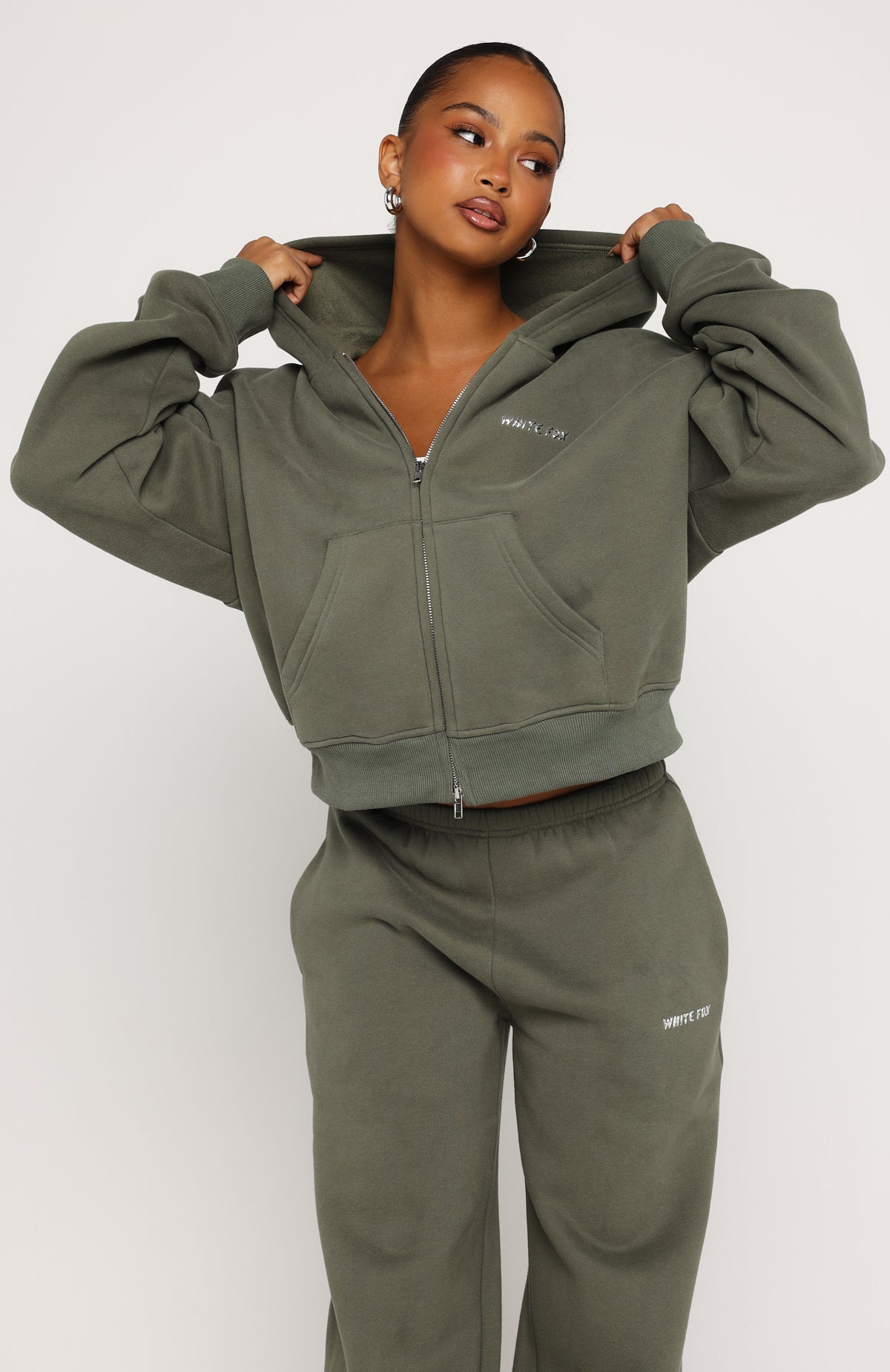 Test Drive Boxy Zip Front Hoodie Khaki | White Fox Boutique