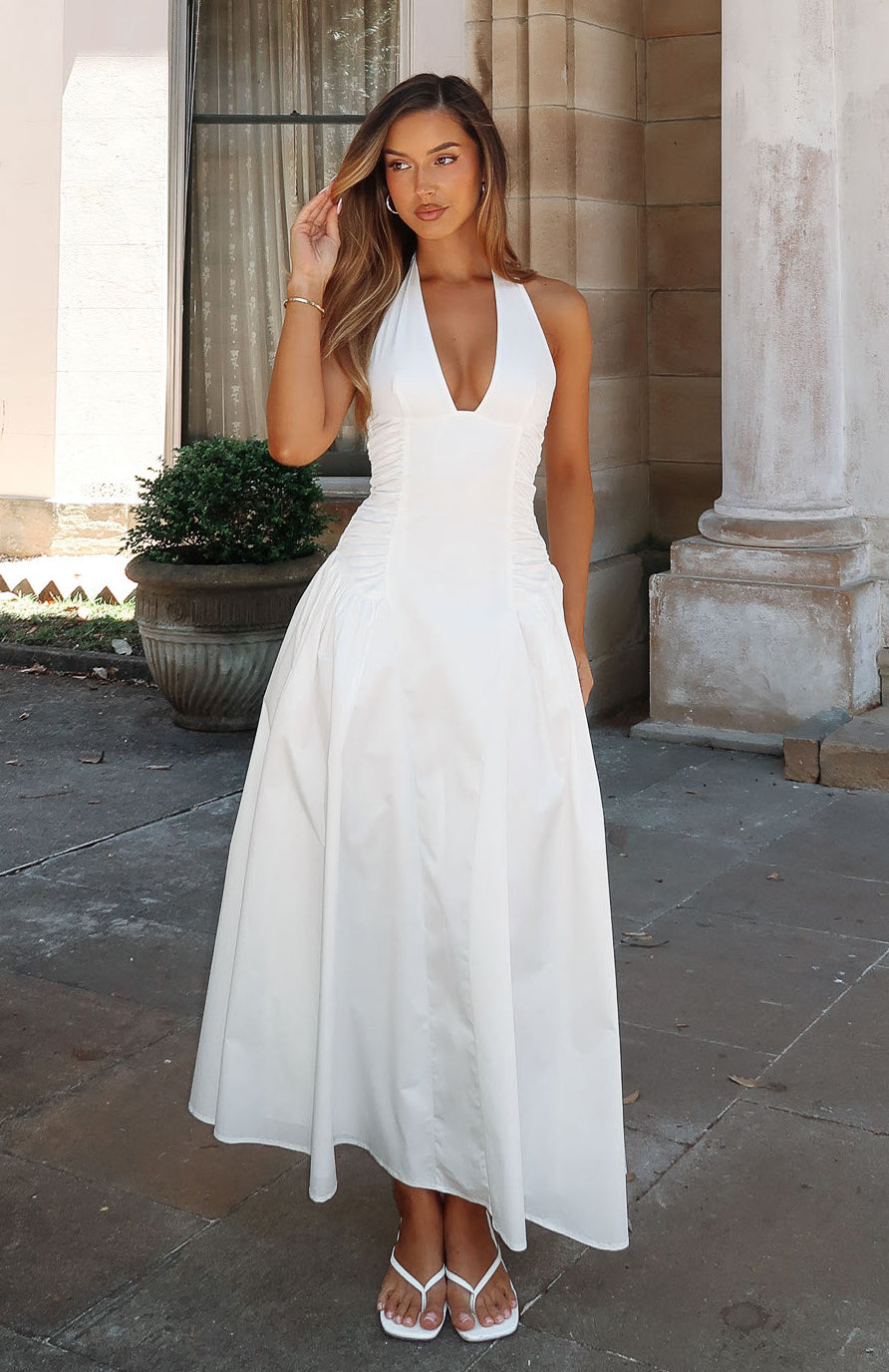 halter midi dress white South Haven The neckline opens up the collarbone Tulsa Halter Midi Dress -