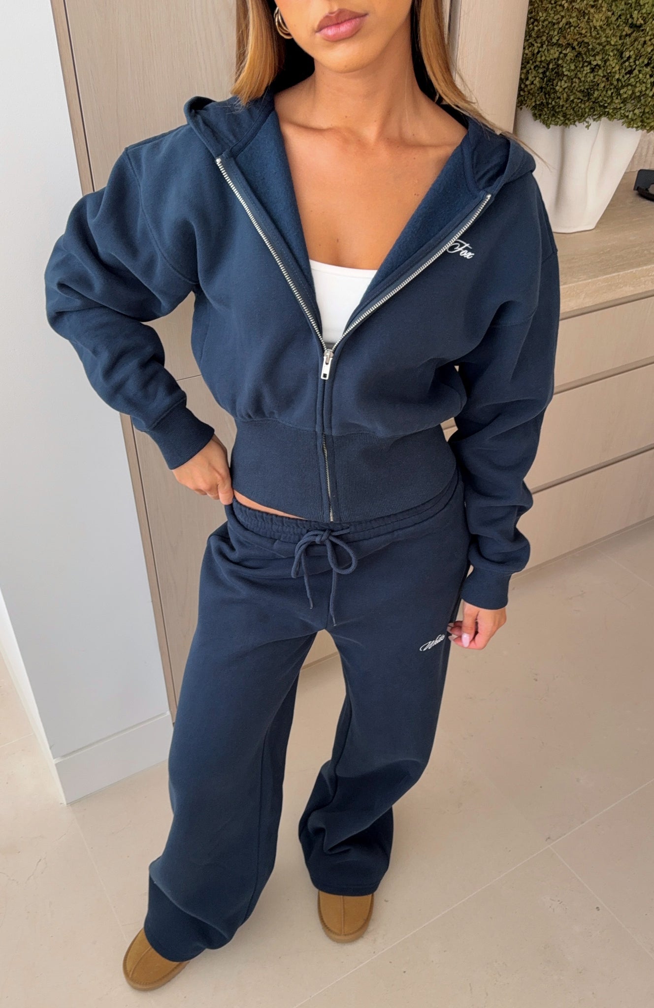 Wishing For It Cropped Cinched Zip Front Hoodie Navy | White Fox