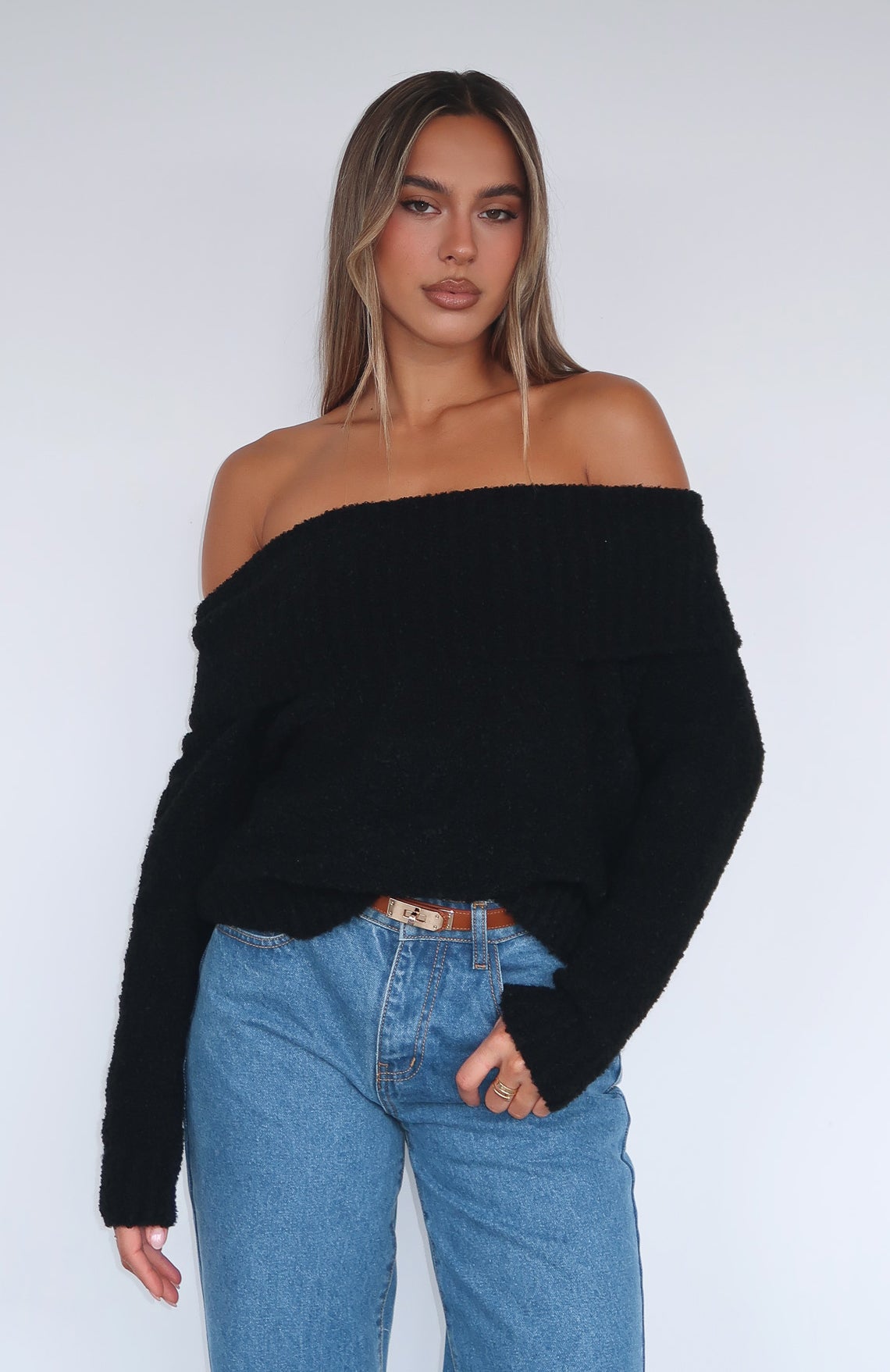 You Don't Need Me Off Shoulder Knit Sweater Black | White Fox Boutique