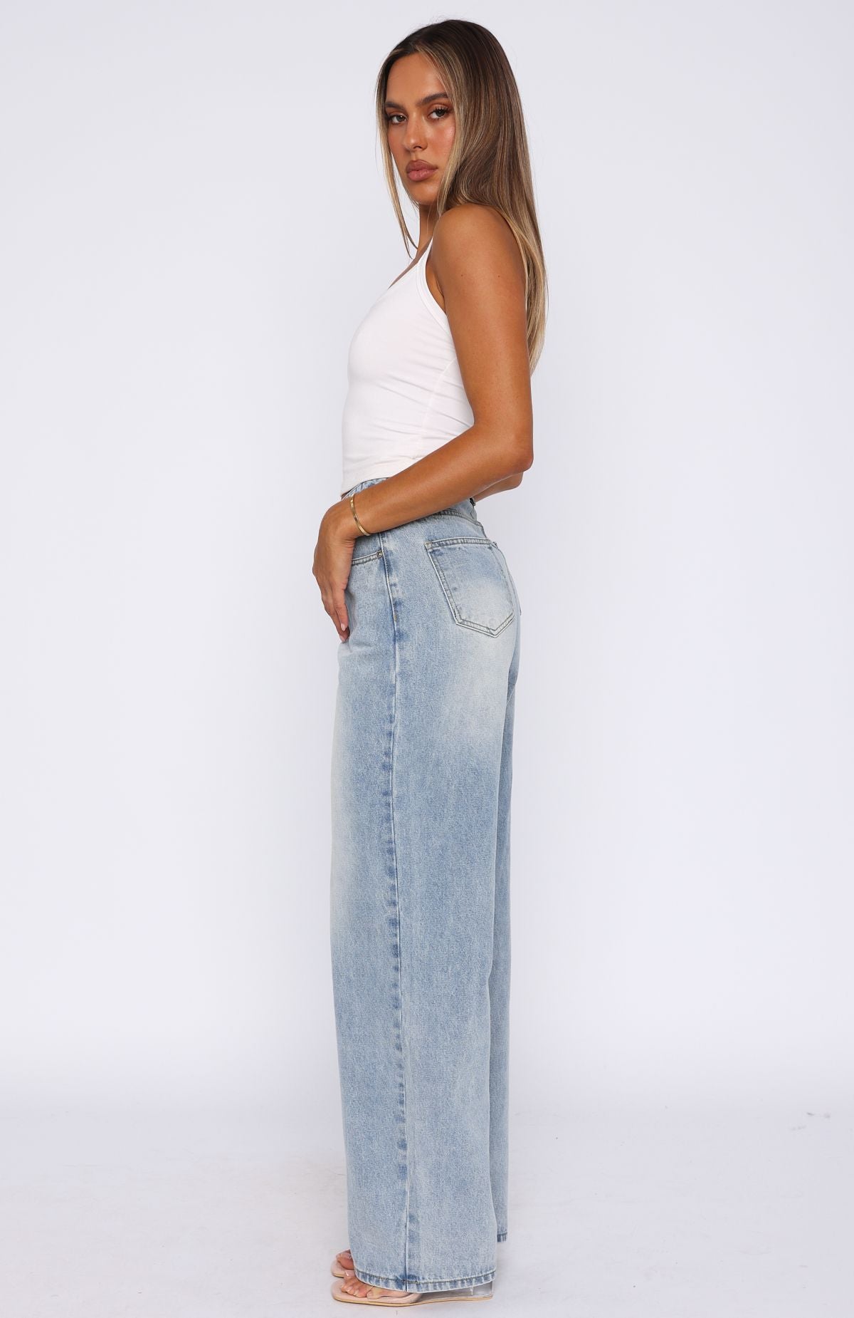High Rise Wide Leg Denim Jeans, Light Blue