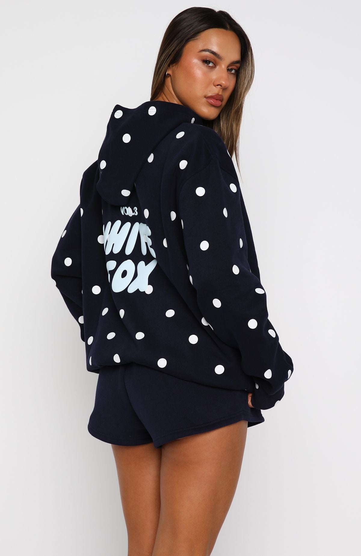 Offstage Printed Oversized Hoodie Navy Polka Dot | White Fox Boutique