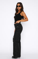 In Heaven Mid Rise Straight Leg Jeans Black Acid Wash