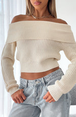 Late Night Out Off Shoulder Knit Top Cream
