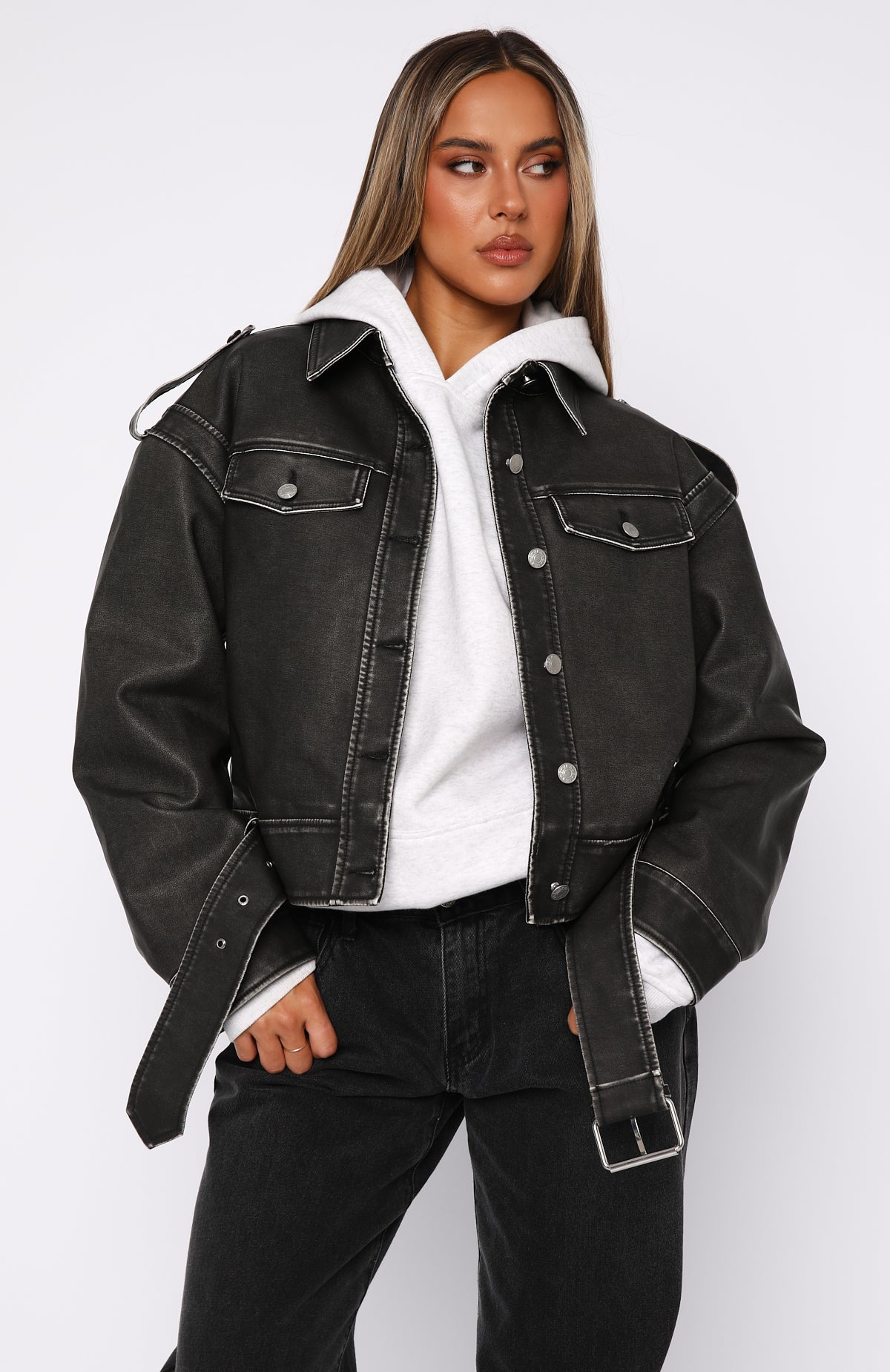 In This World PU Biker Jacket Charcoal Wash | White Fox Boutique