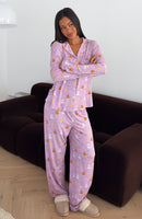 Pillow Talk Printed Long Sleeve Pyjama Set Lavender Haunt