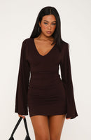 Catch Me At Sunrise Long Sleeve Mini Dress Dark Chocolate