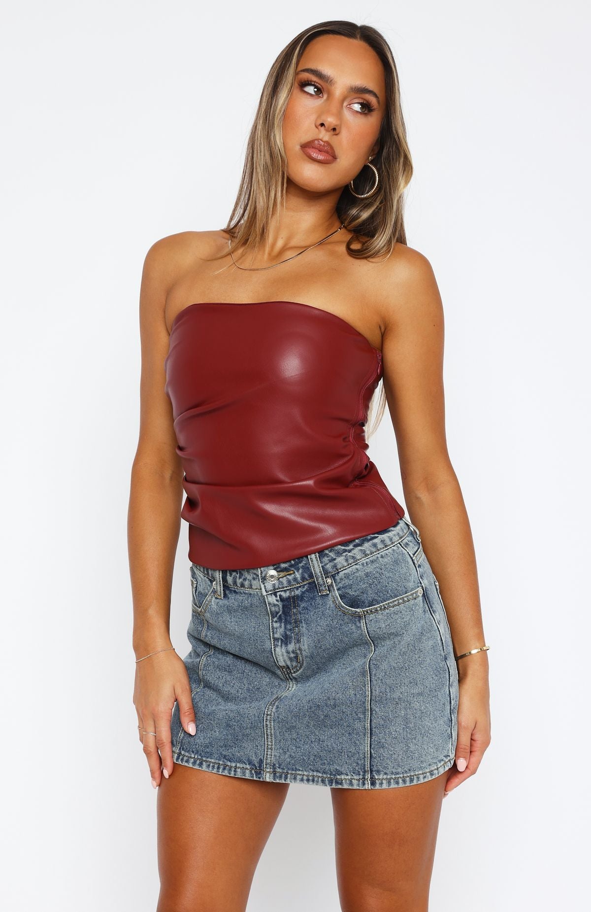 Well Behaved Strapless PU Bustier Wine | White Fox Boutique