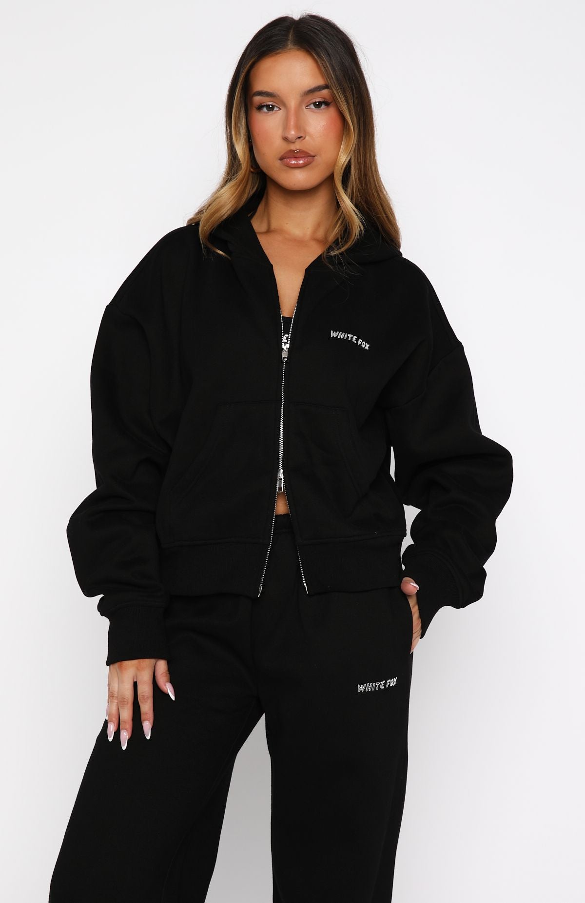 Test Drive Boxy Zip Front Hoodie Black | White Fox Boutique