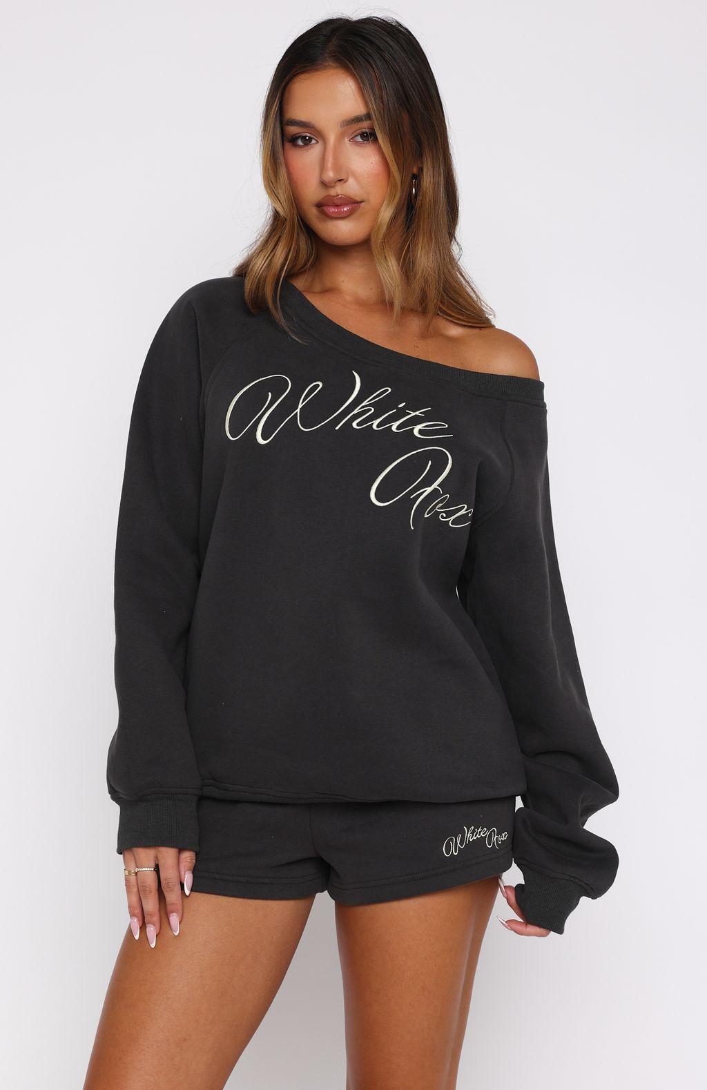 Lucky Thirteen Elsa Off Shoulder Sweater Charcoal | White Fox Boutique