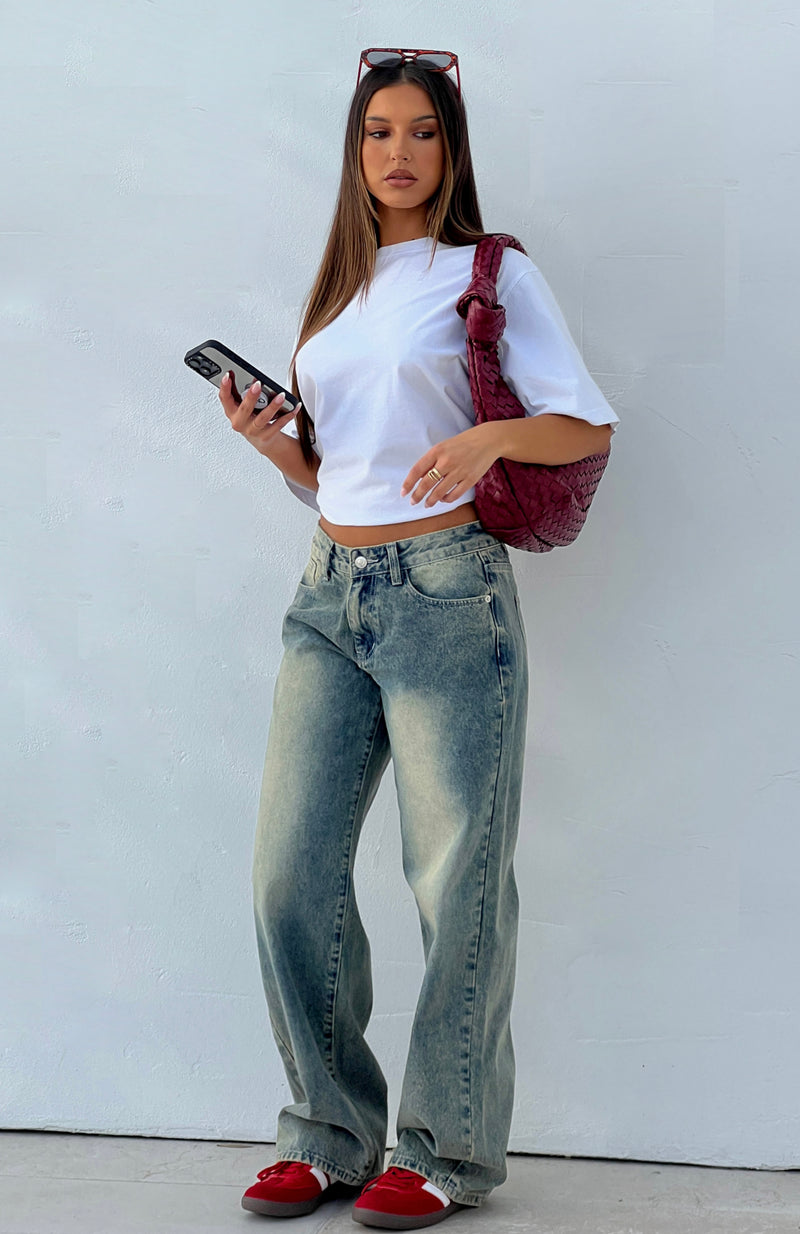 Bring The Style Low Rise Wide Leg Jeans Sand Wash