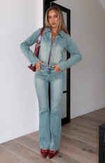 Kayla Mid Rise Flare Jeans Brown Blue Wash