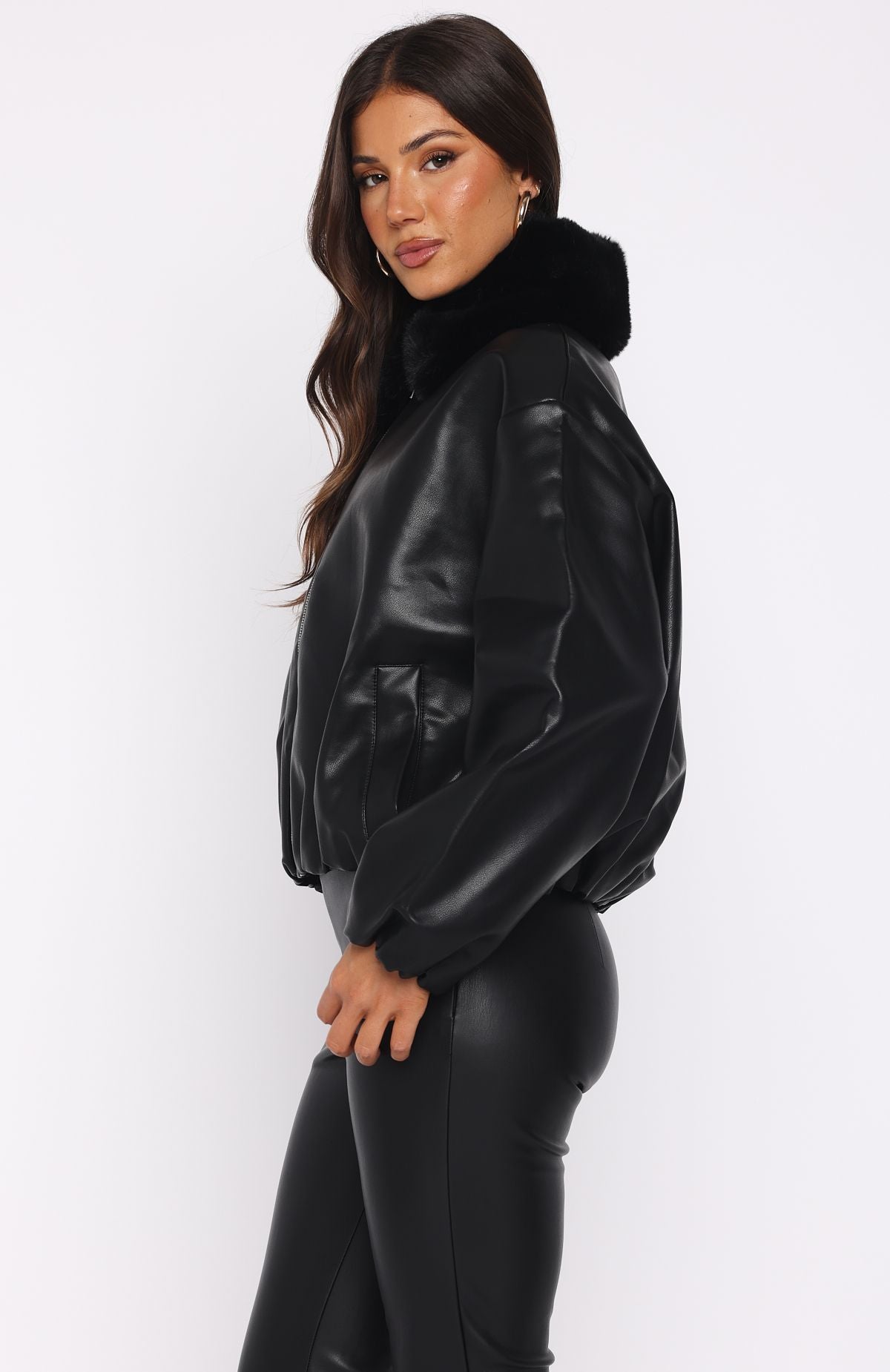 No Competition PU Bomber Jacket Black | White Fox Boutique