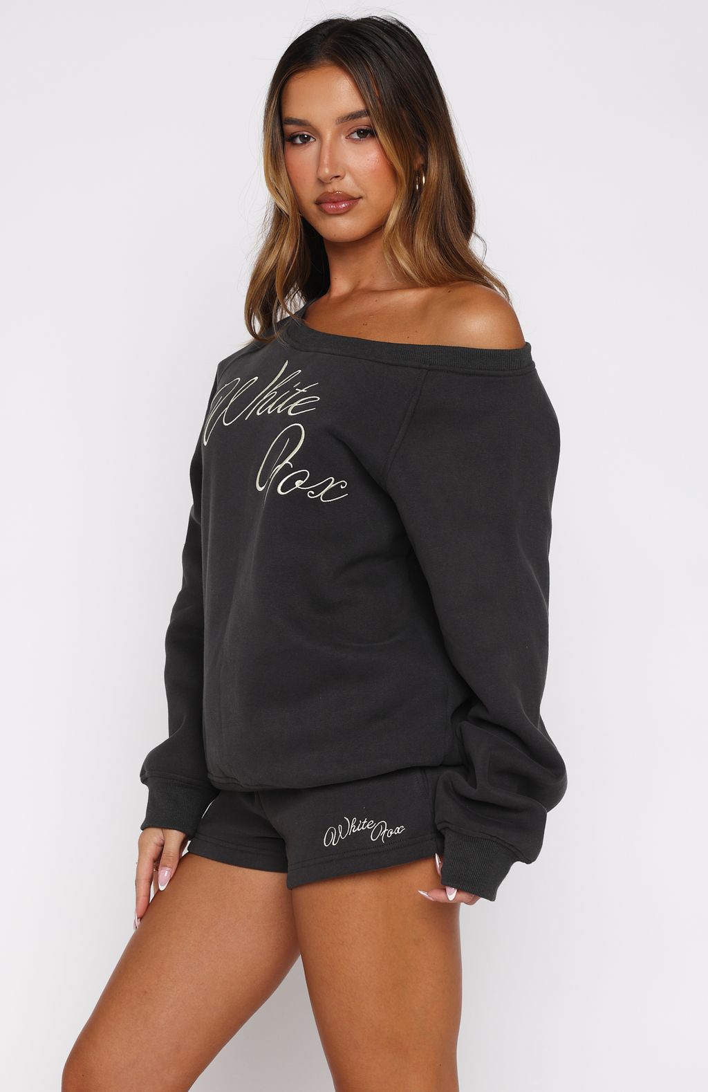 Lucky Thirteen Elsa Off Shoulder Sweater Charcoal | White Fox Boutique