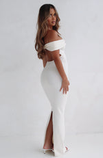 Book The Tickets Off Shoulder Maxi Dress Off White